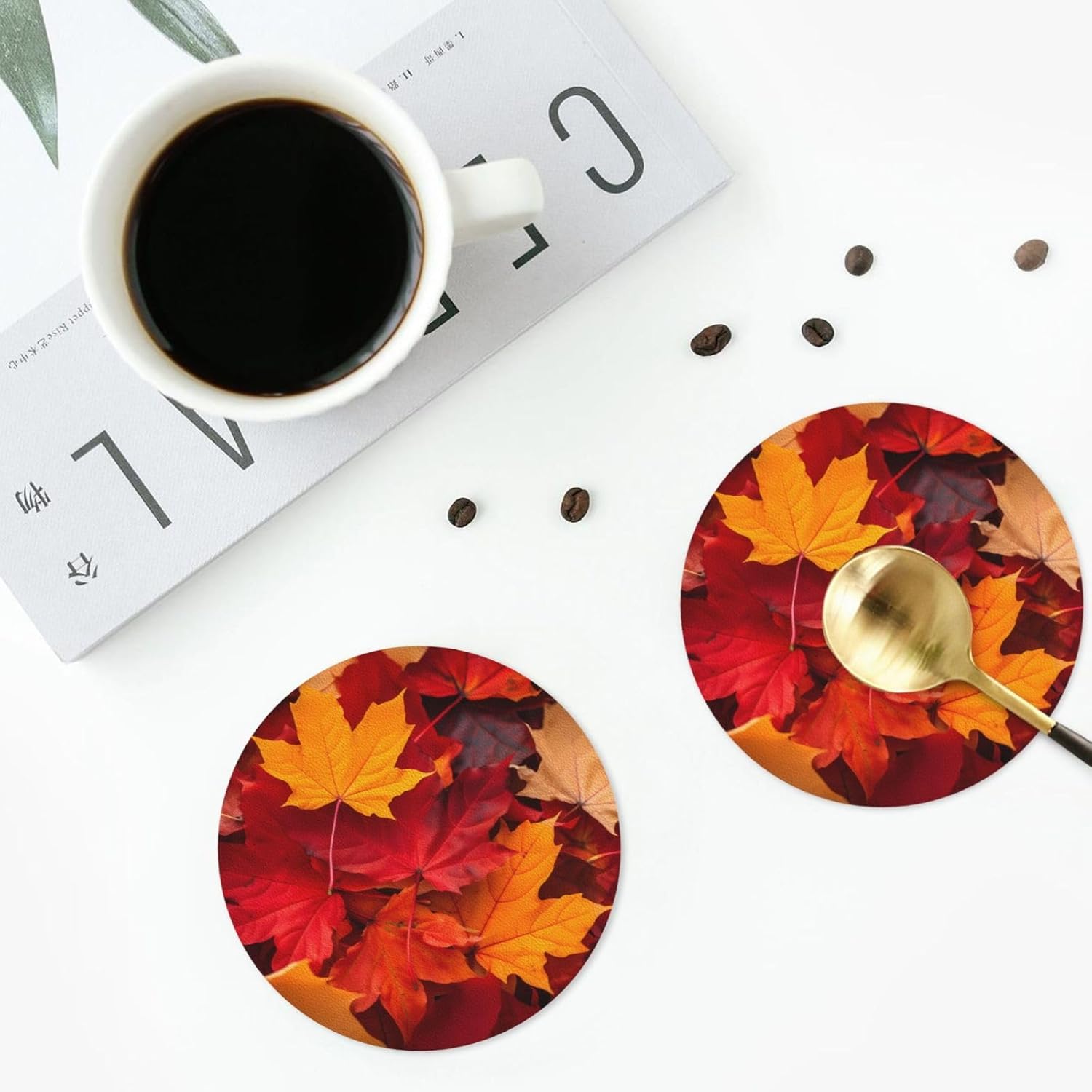 Juego de 6 posavasos de cuero con hojas de otoño para bebidas para mesa de centro para inauguración de la casa, cocina, bar, decoración de forma