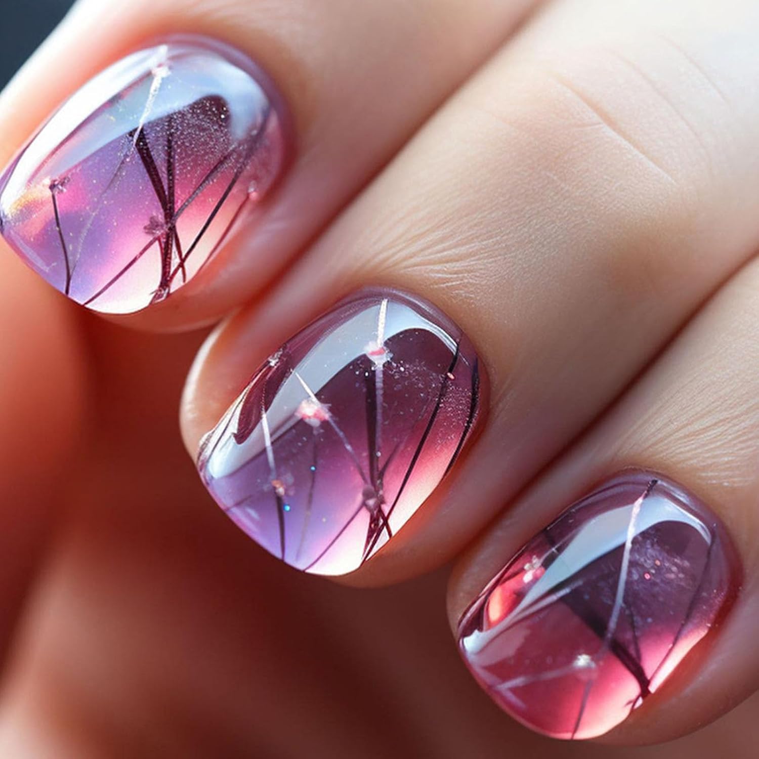 Uñas postizas cuadradas cortas a presión, uñas postizas con patrón de diseños, uñas acrílicas brillantes con pegamento, cobertura completa, uñas