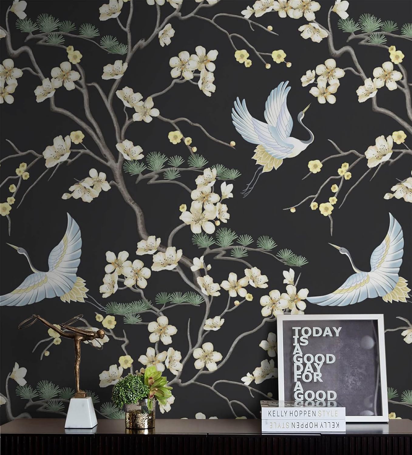 Micpolo Papel tapiz autoadhesivo y extraíble de 16.1 x 197 pulgadas, papel de contacto floral negro con flores y pájaros, autoadhesivo y extraíble
