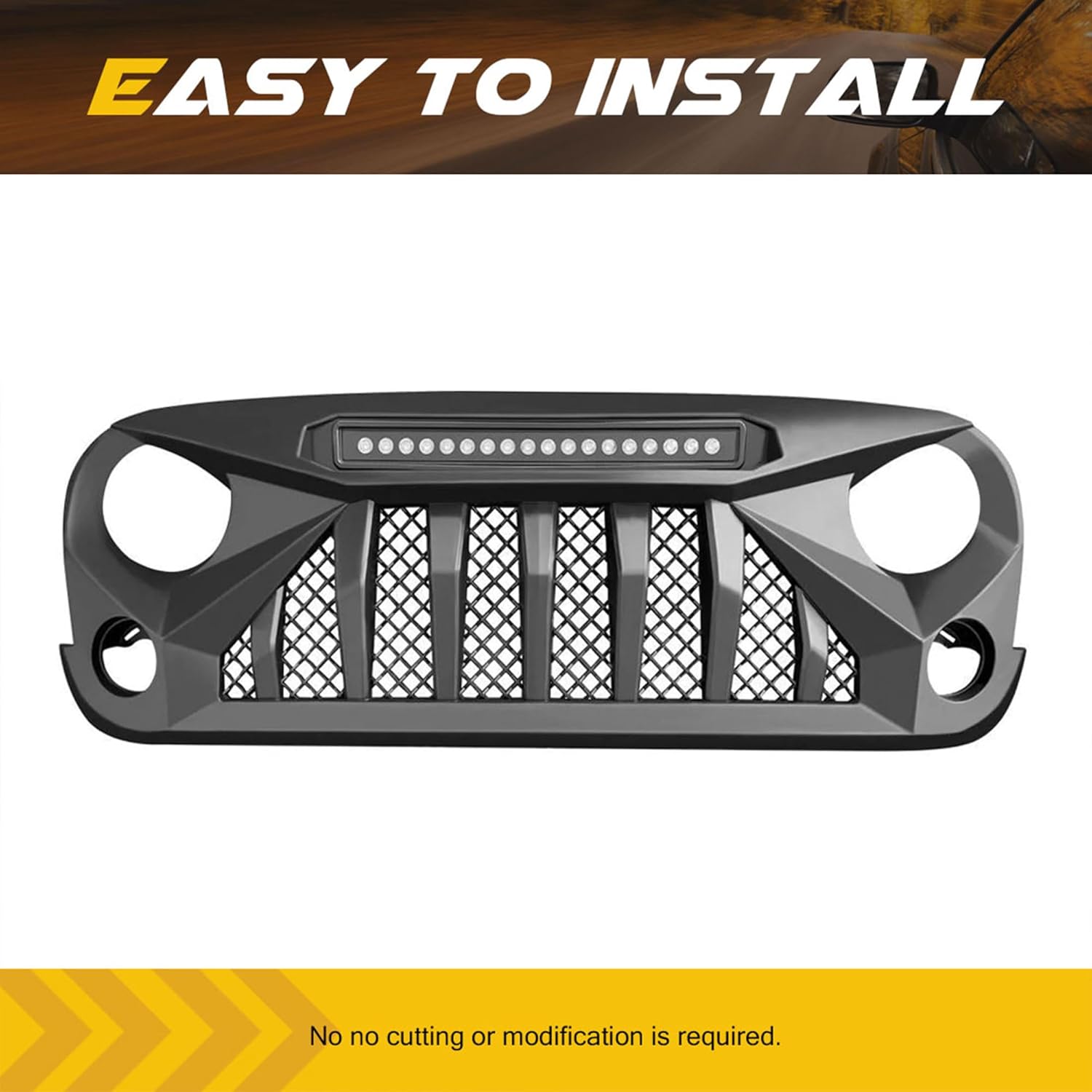 Cubierta de rejilla delantera con luces todoterreno compatible con Jeep Wrangler 2007 a 2018, JKJKU, Rubicon y Sahara Sport, negro mate