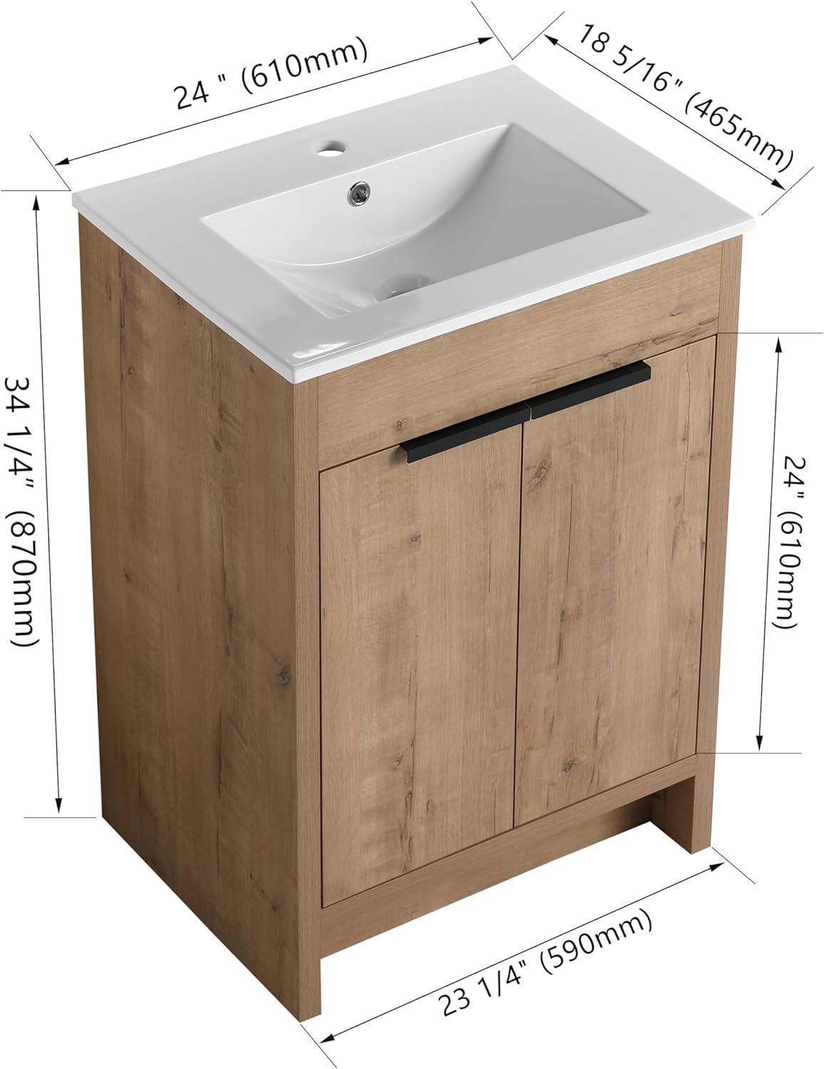 Vanidad de baño independiente de 24 pulgadas con fregadero, tocador de baño de pie de 24 pulgadas, tocador moderno con 2 puertas y lavabo de