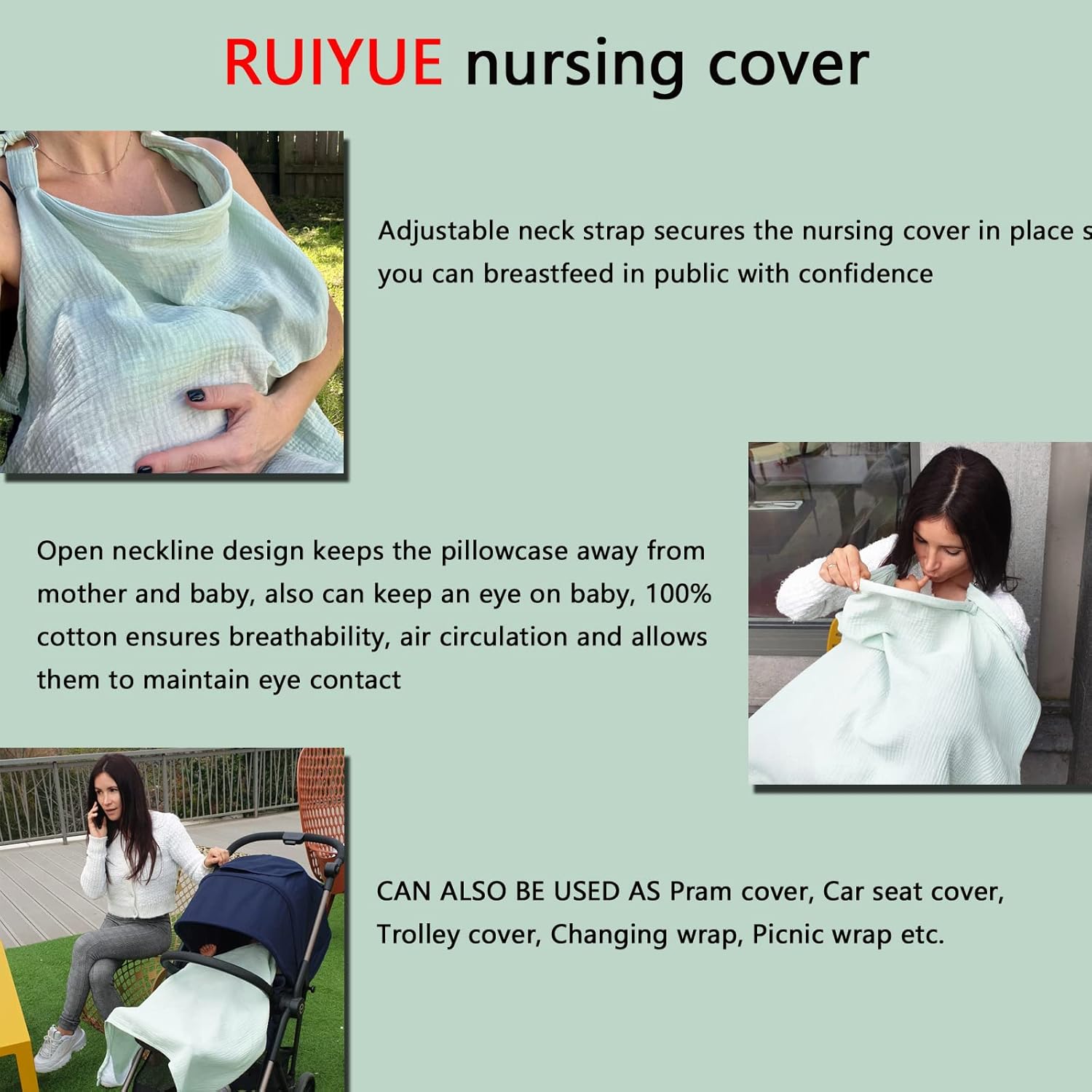 RUIYUE Funda de lactancia de muselina transpirable  100% algodón  Cobertura completa para lactancia materna del bebé  Delantal multiusos y toldo