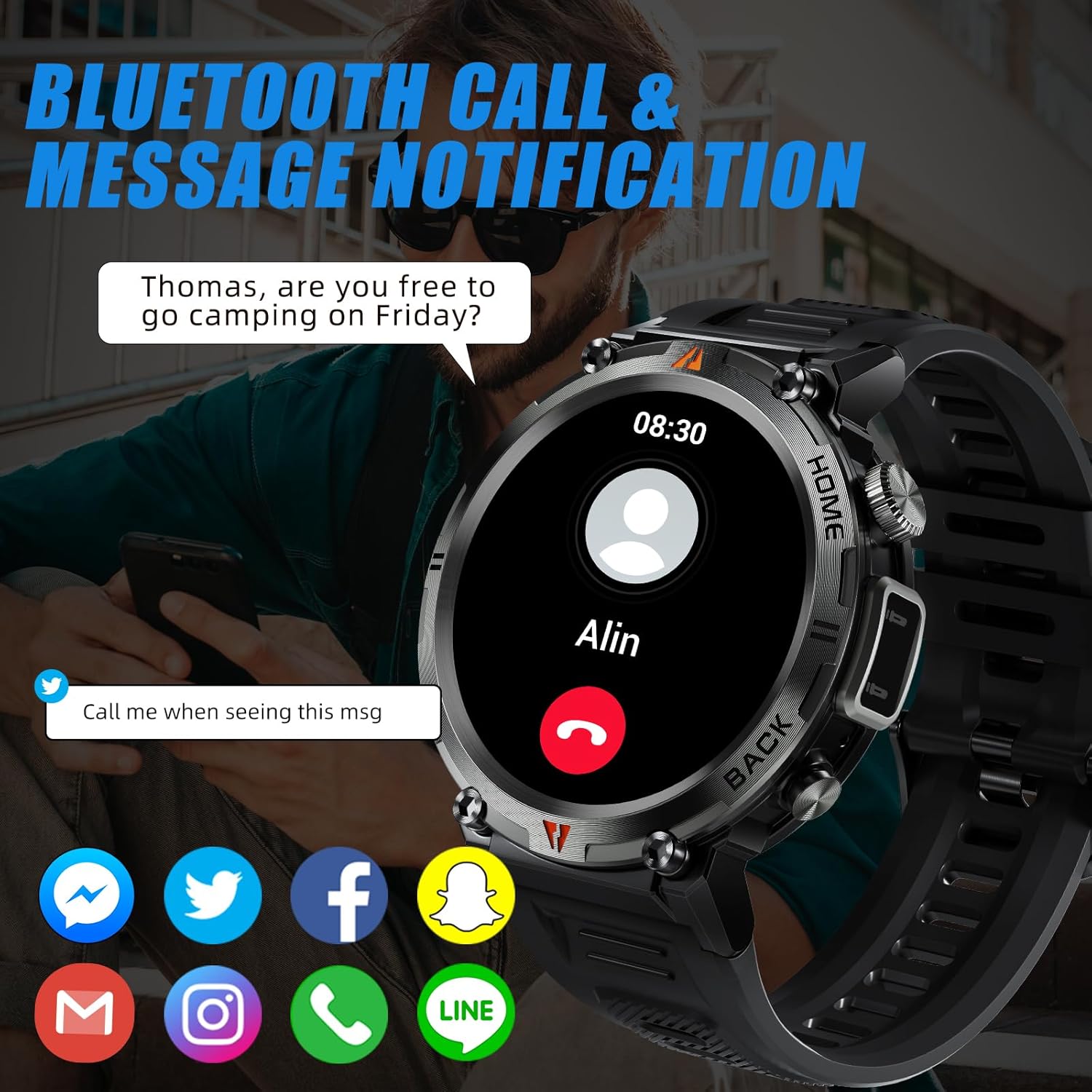 Relojes inteligentes militares para hombres con linterna LED, reloj inteligente táctico resistente al aire libre con pantalla táctil HD de 1.45