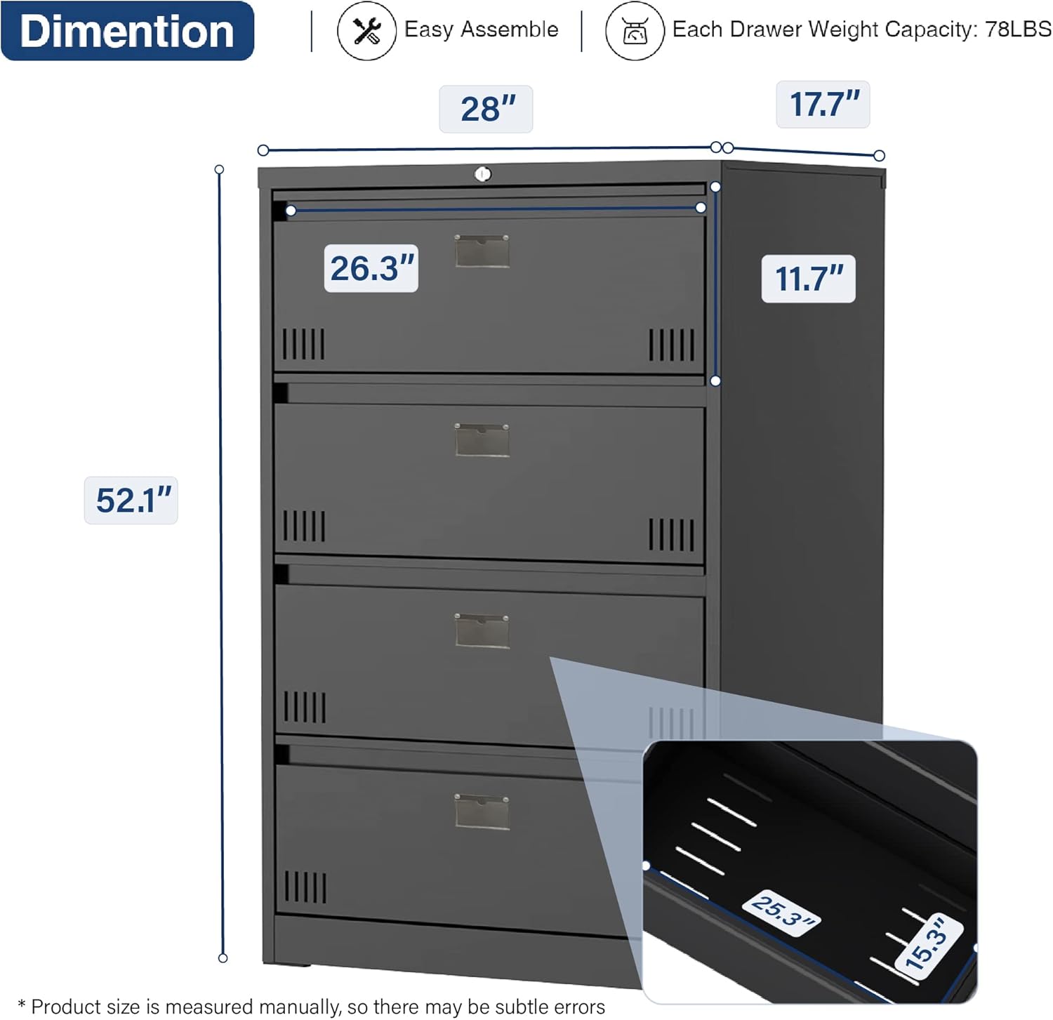 Petonline Archivador lateral de metal para oficina en casa, archivador lateral de 4 cajones con cerradura, archivador horizontal de metal con ranura