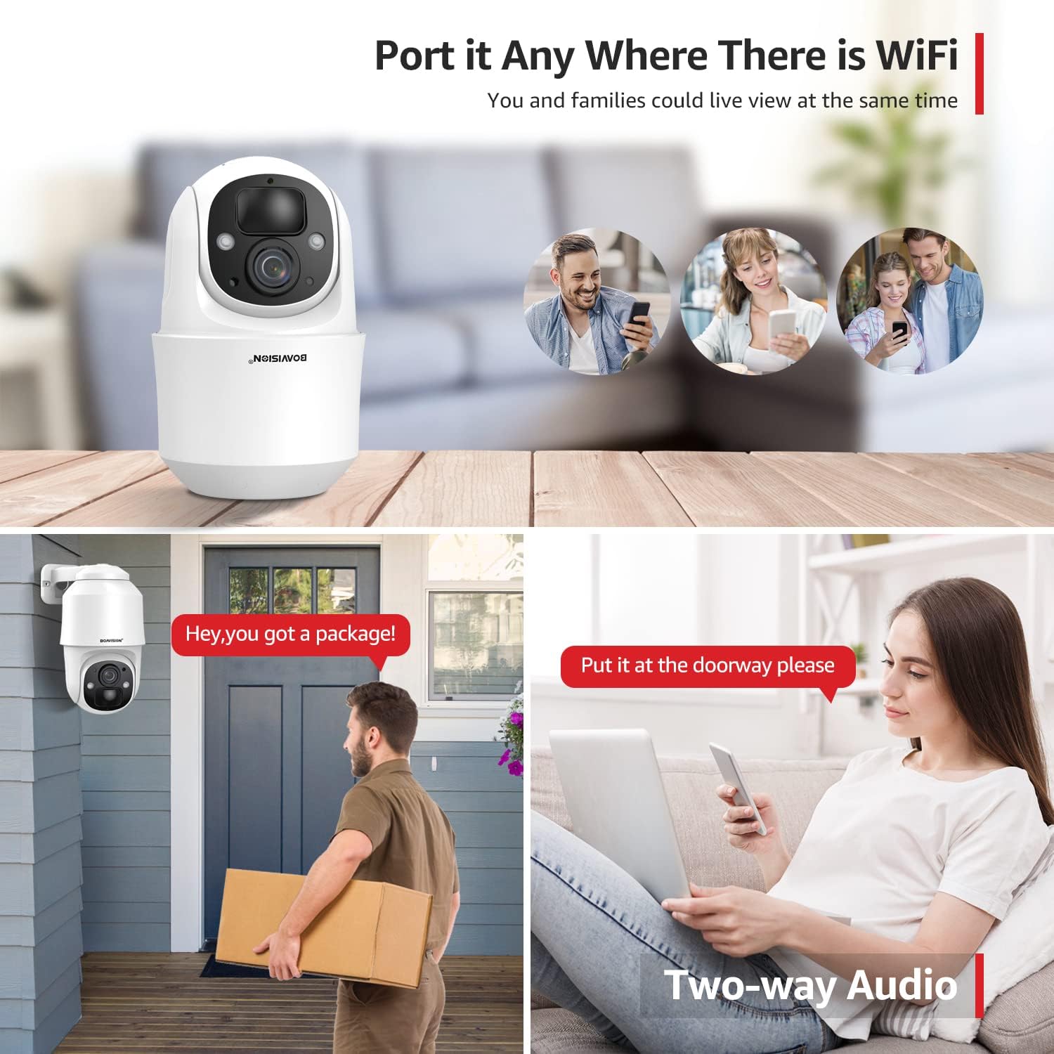 BOAVISION Cámara de seguridad alimentada por batería para exteriores, inclinación panorámica, visión de 355, IP66, impermeable, recargable,