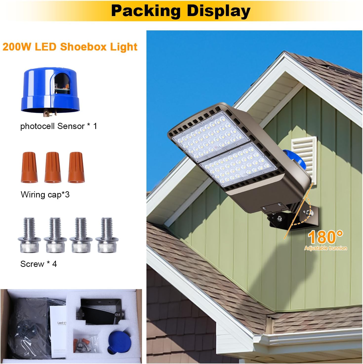 Luz LED de estacionamiento de 200 W, 28000 lúmenes, superbrillante, del anochecer al amanecer, montaje en pared, IP65, impermeable, comercial, caja