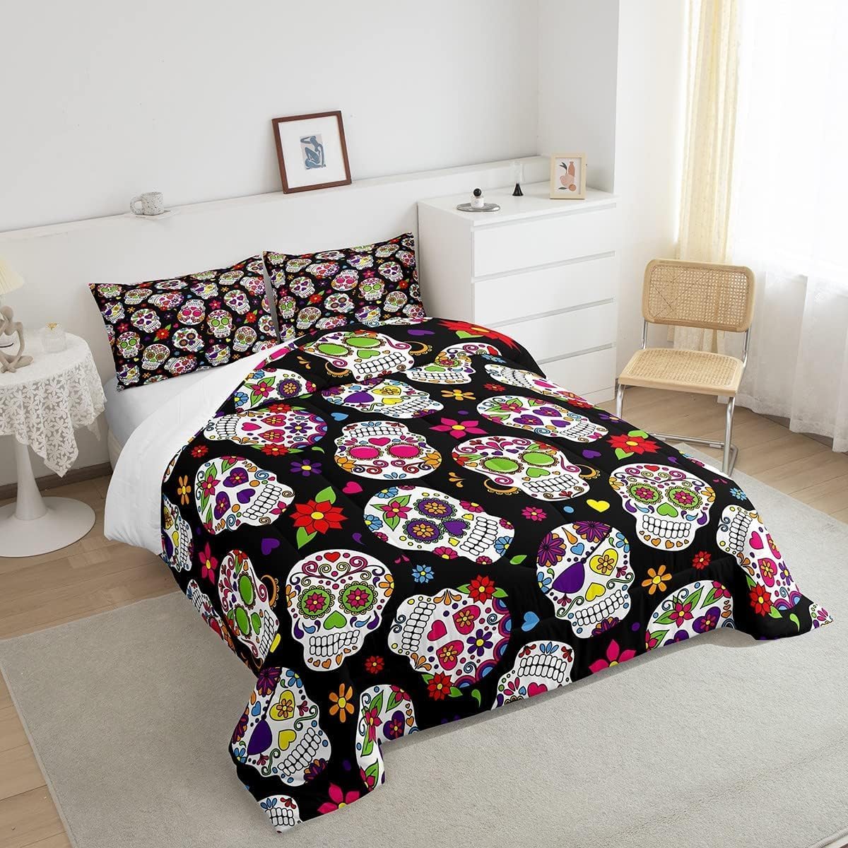 Juego de edredón de calavera de azúcar, tamaño King, juego de ropa de cama de 3 piezas con estampado de calavera humana, edredón de plumón con