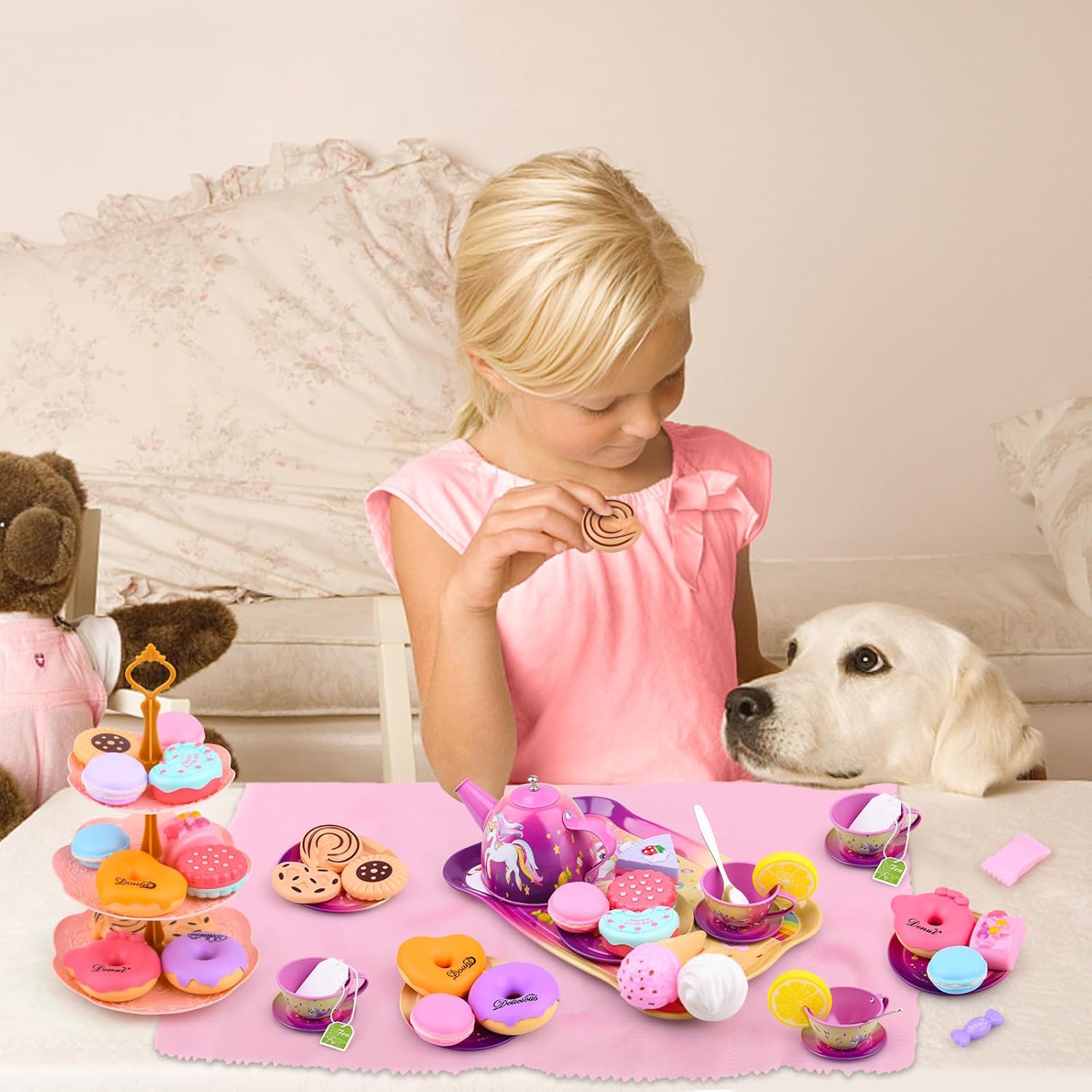 Juego de 41 piezas de fiesta de té de unicornio para niñas pequeñas, juego de tetera de hojalata, juguete de cocina con postre, dona, estuche de