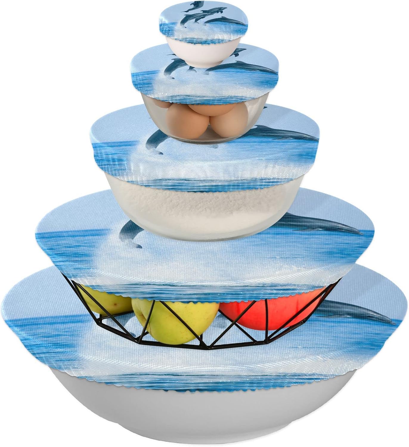 Sea Dolphins – 5 tapas elásticas de tela reutilizables para tazones, tazas, platos, ollas y sartenes