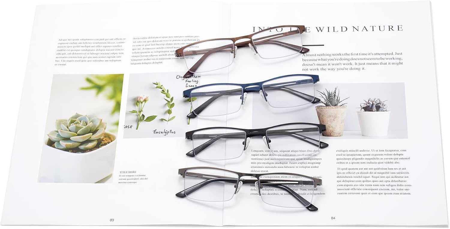 Gafas de lectura con luz azul para hombre, lentes de lectura de medio marco de metal, bisagra de resorte, lentes transparentes con bolsas