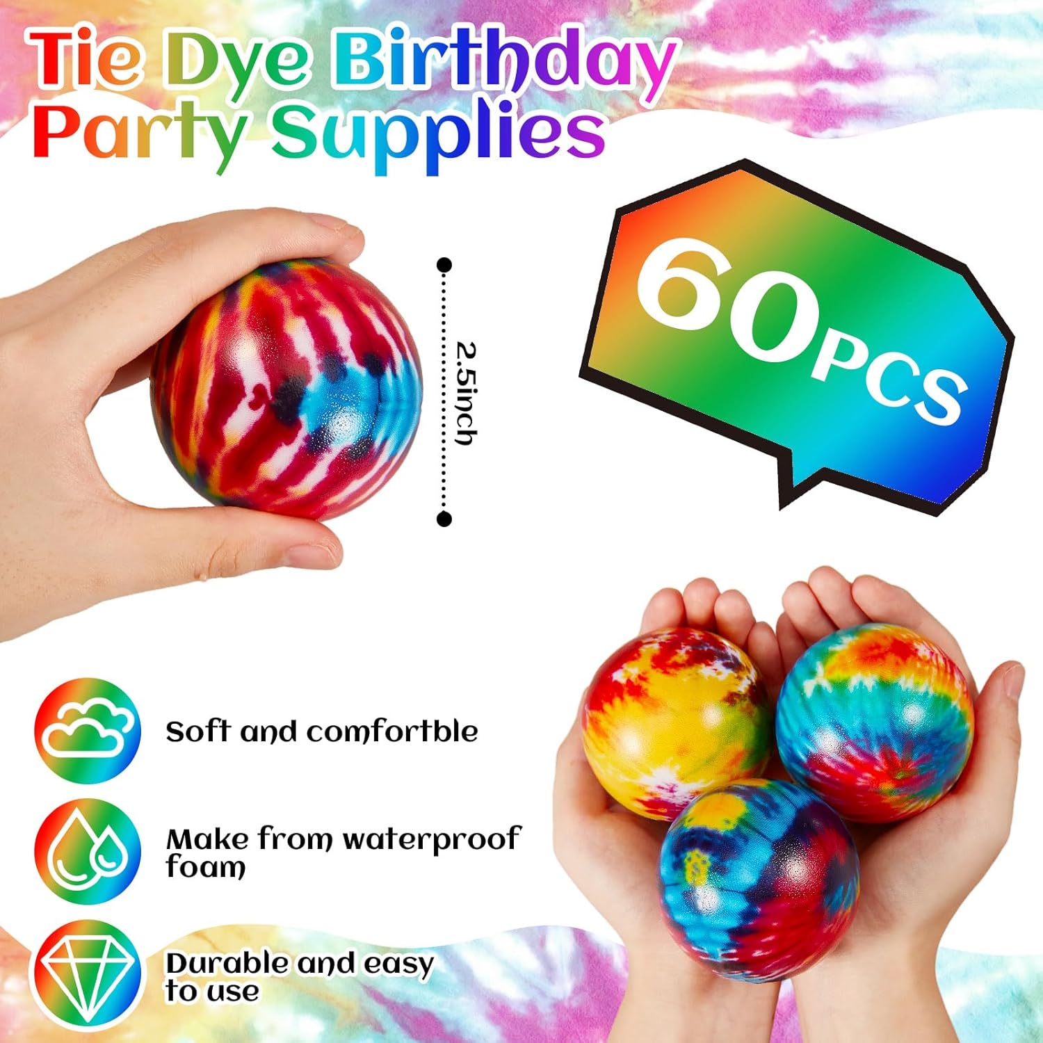 60 unidades de bolas de estrés para fiestas, teñido anudado, bolas coloridas de espuma para aliviar el estrés a granel para ejercicio con los dedos,