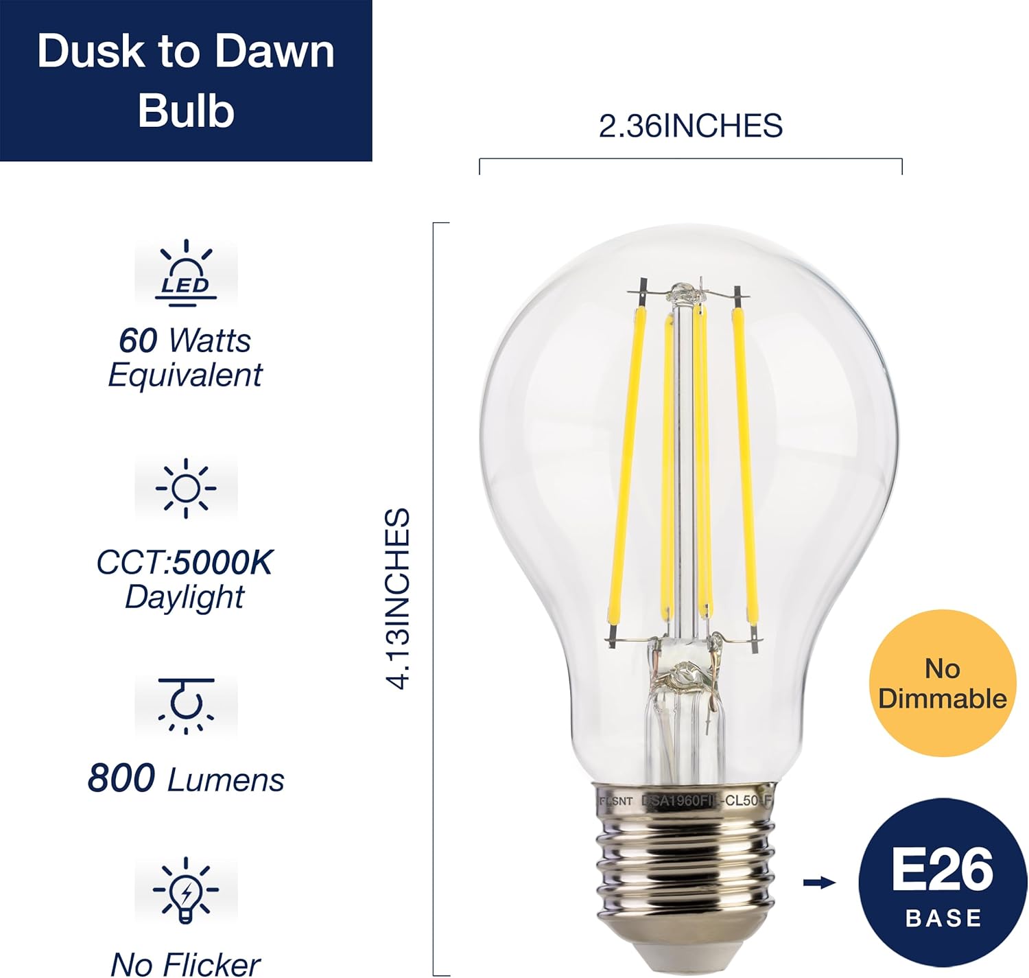 FLSNT Bombilla LED A19 con sensor de atardecer a amanecer, luz diurna de 5000 K, 7 W (60 W equivalente), 800 lúmenes, base E26 de filamento vintage,