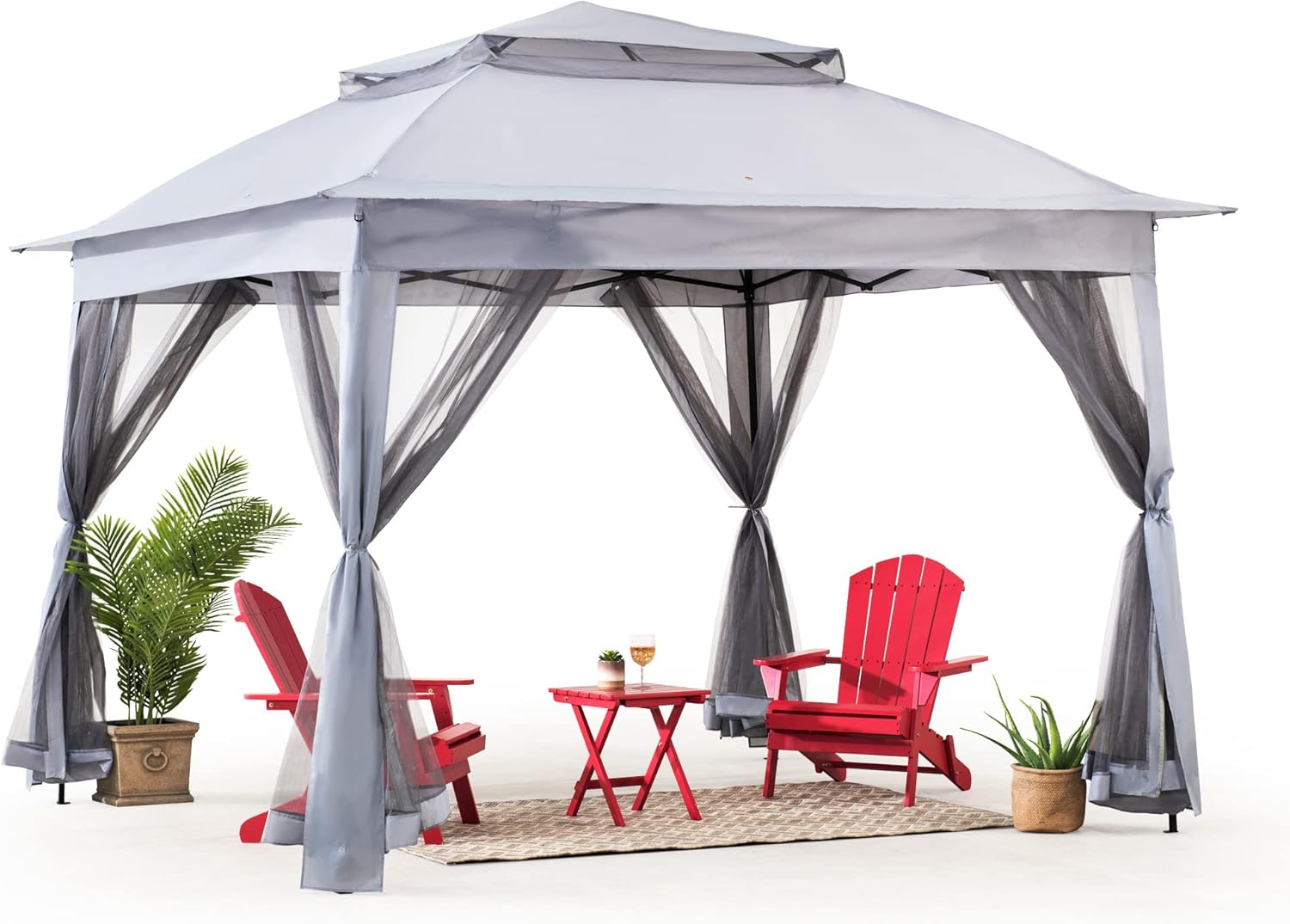 Sunjoy Cenador instantáneo desplegable de 11 x 11 pies, marco de acero portátil para exteriores, toldo superior de 2 niveles con malla y bolsa de