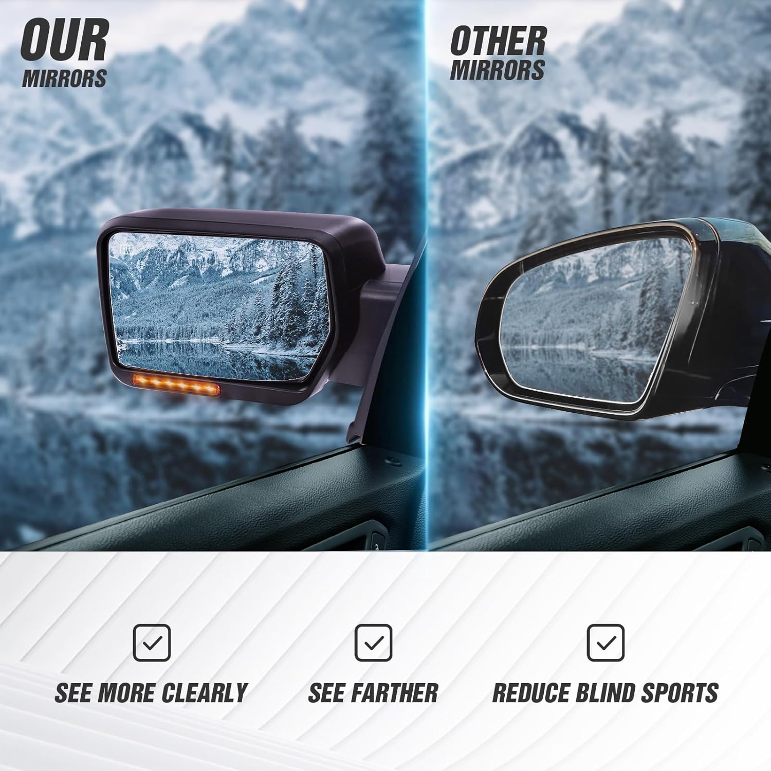 Espejos de remolque compatibles con Ford F150 2007-2014, espejo de remolque plegable manual, calefacción eléctrica con luz LED trasera intermitente,