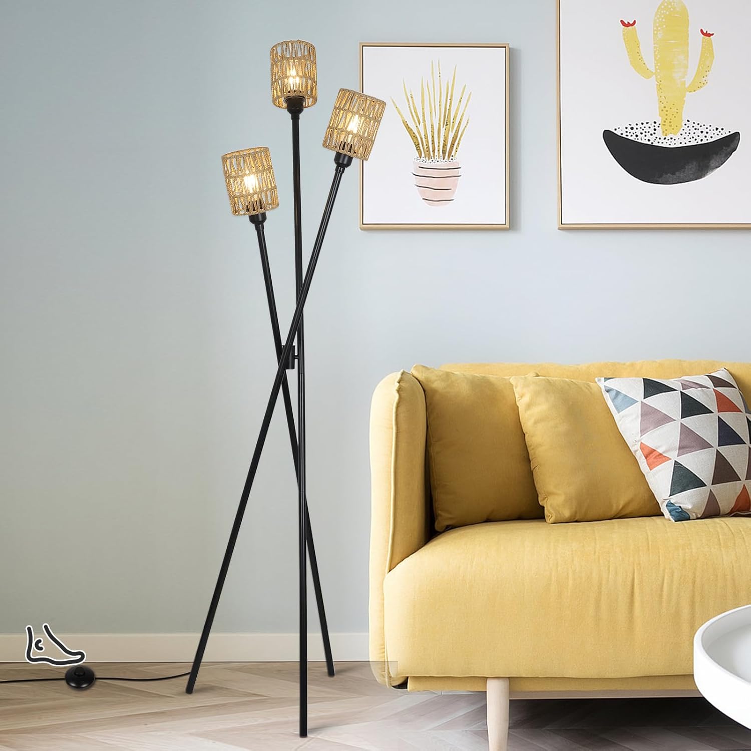 Lámpara de pie de trípode de ratán, lámparas de pie estilo bohemio para sala de estar con interruptor de pie de encendidoapagado, lámpara de pie