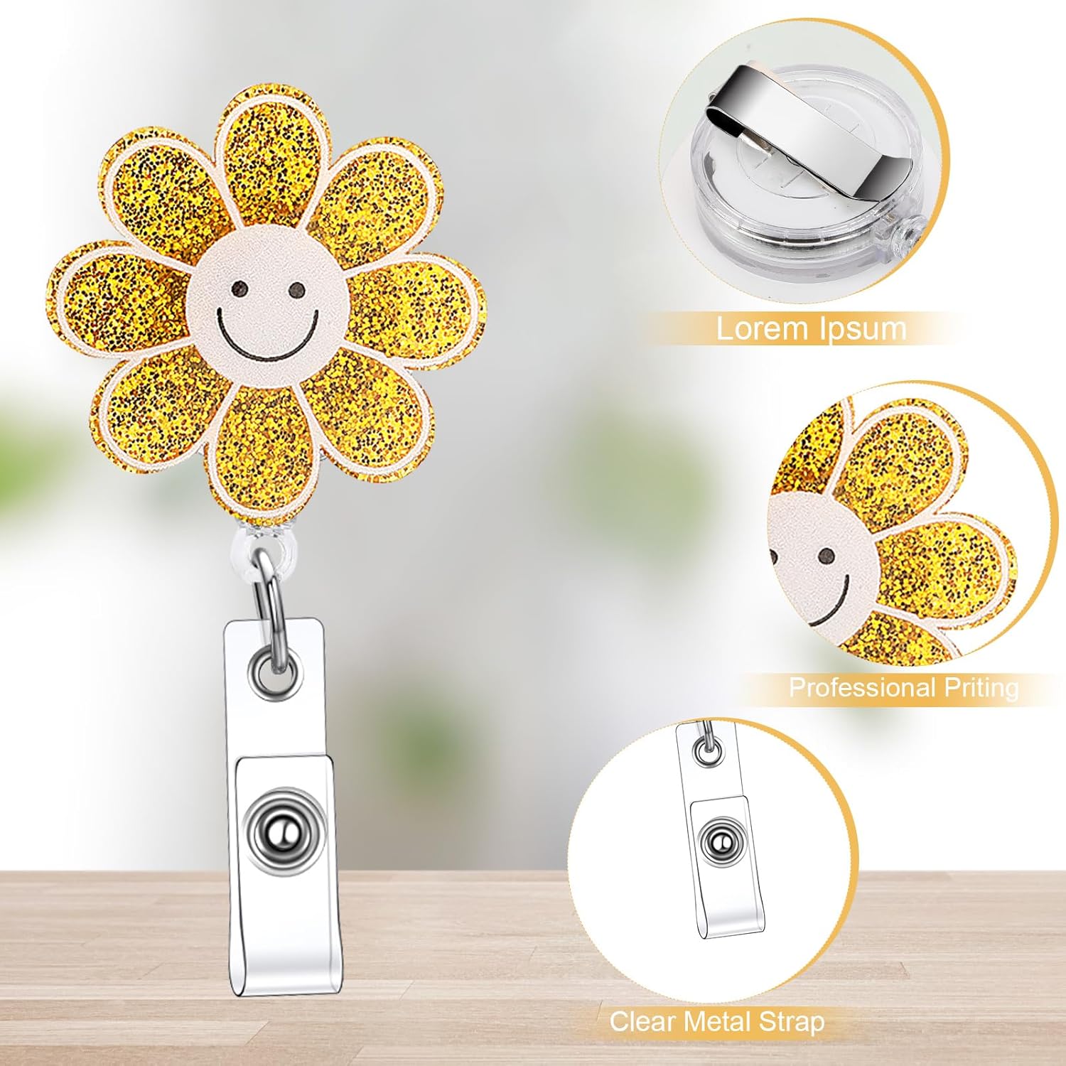 Remuuly Carrete retráctil de 8 piezas para identificación de enfermera, con purpurina, diseño de vaca, niño, margarita, sonrisa, carretes