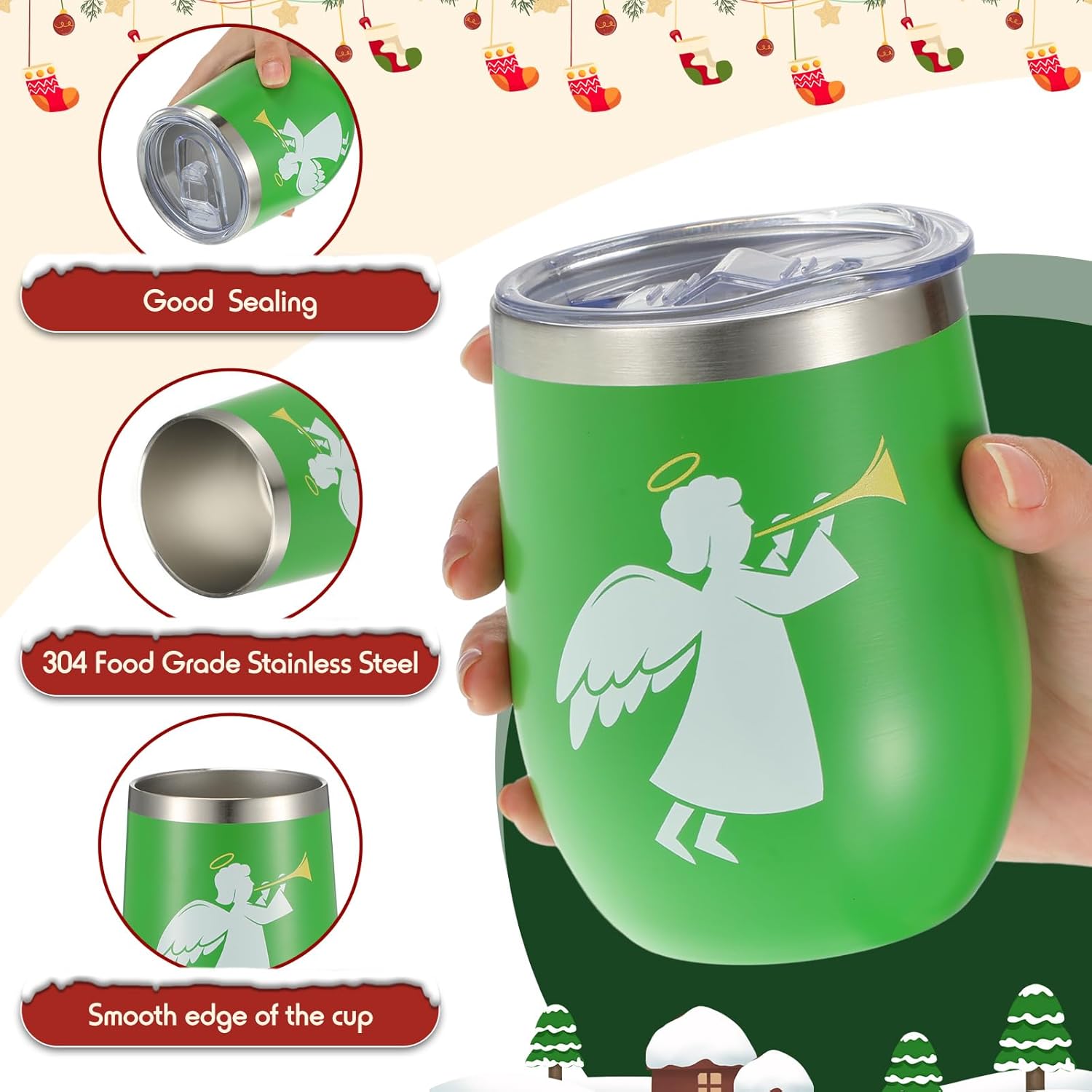 Gejoy Vaso de Navidad, vaso de acero inoxidable de 12 onzas con tapa, taza de vino de viaje, botella de té, taza de café de doble capa al vacío de