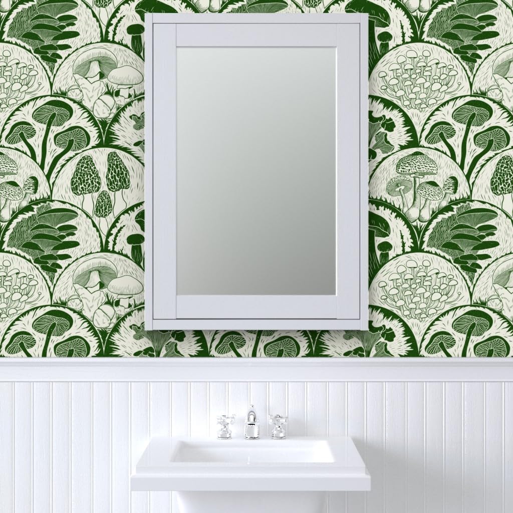 Spoonflower Papel tapiz autoadhesivo de 9 x 2 pies, diseño de hongos verdes, vieiras, bosque, hongos y hongos, estampado de bloques de hongos,