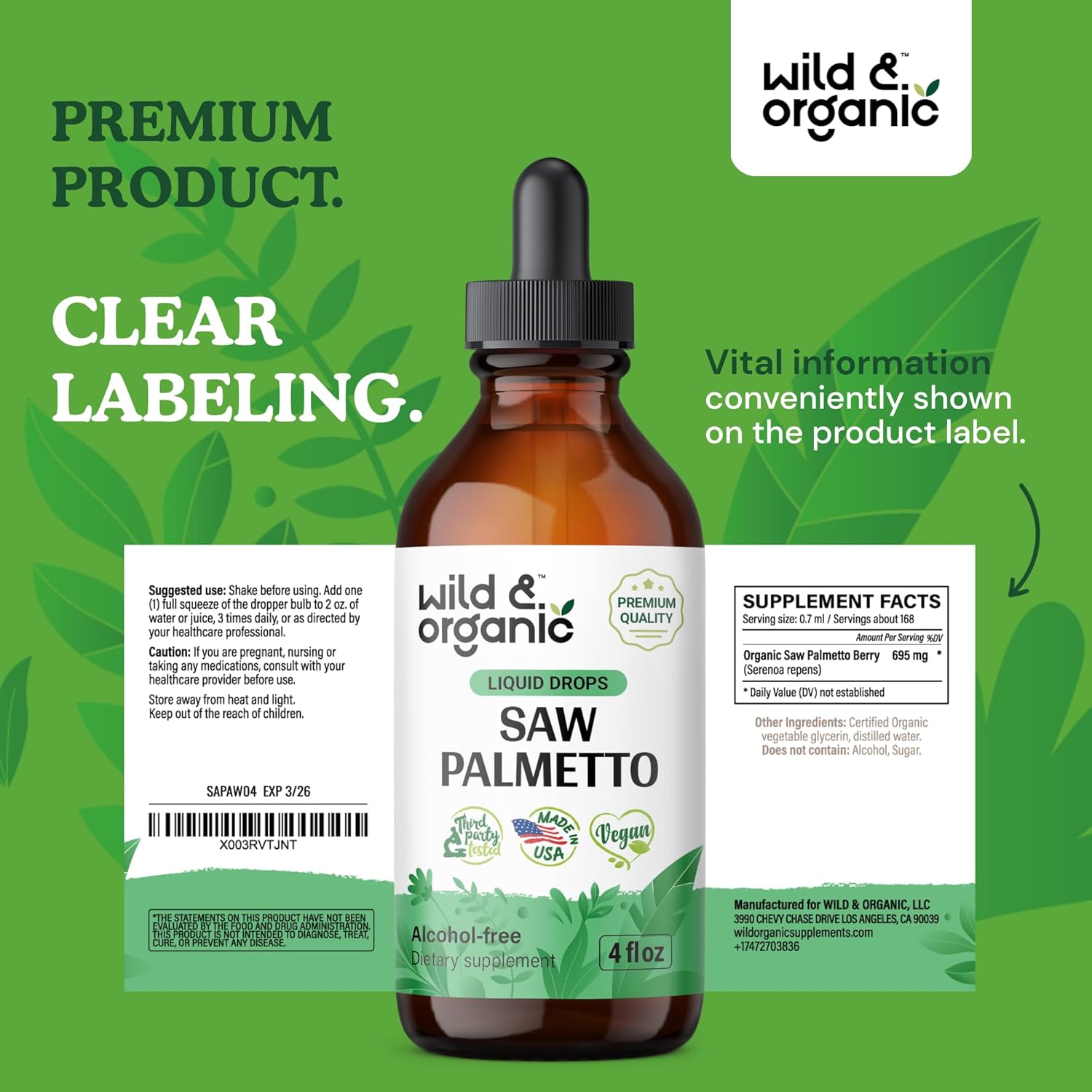 Suplemento de extracto líquido de Saw Palmetto para hombres y mujeres, tintura orgánica de palma enana americana, vegana, gotas sin alcohol, 4 onzas