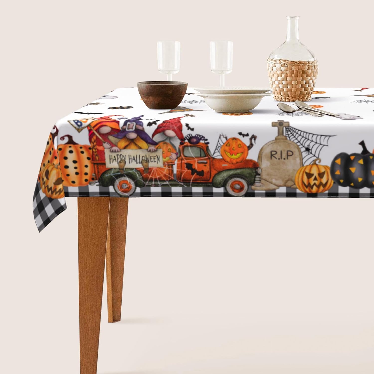 Mantel de Halloween blanco con diseño de telaraña de calabaza, fantasma, diseño a cuadros, 60 x 102 pulgadas, rectangular, de poliéster, repelente