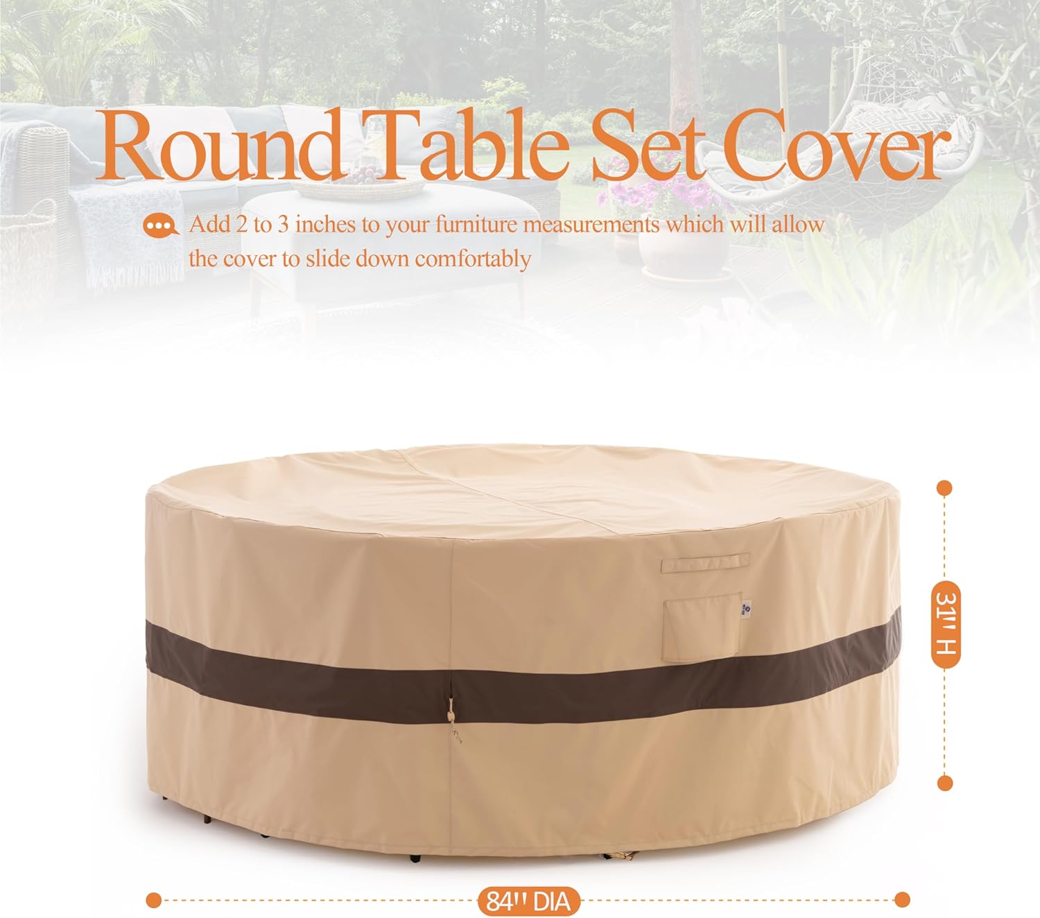 WJ-X3 Funda redonda para muebles de patio, 84 pulgadas de profundidad x 31 pulgadas de alto, impermeable, resistente a los rayos UV, funda de