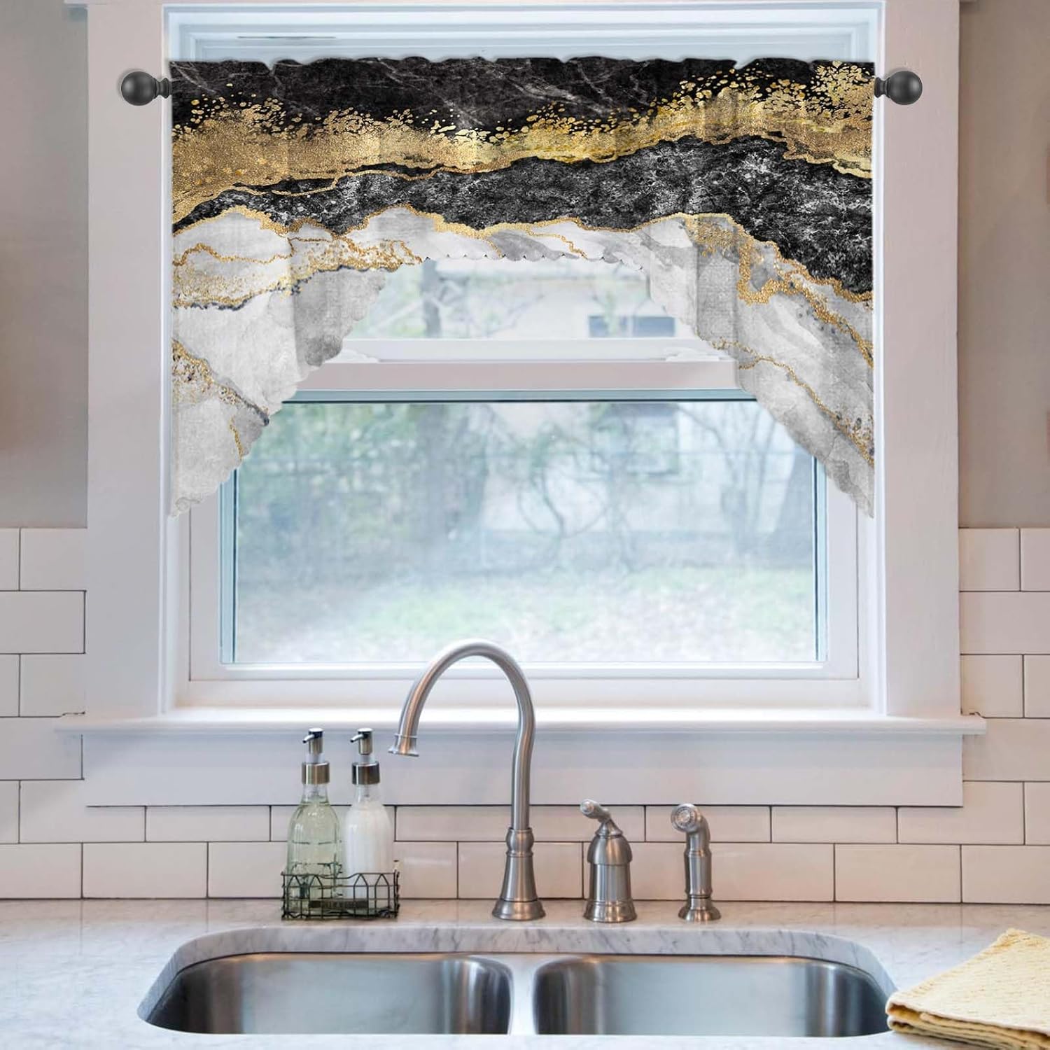 Juego de 3 cortinas de ventana con diseño de mármol negro, juego de cenefas de arte de mármol, cortina de bolsillo para barra de cocina, patrones