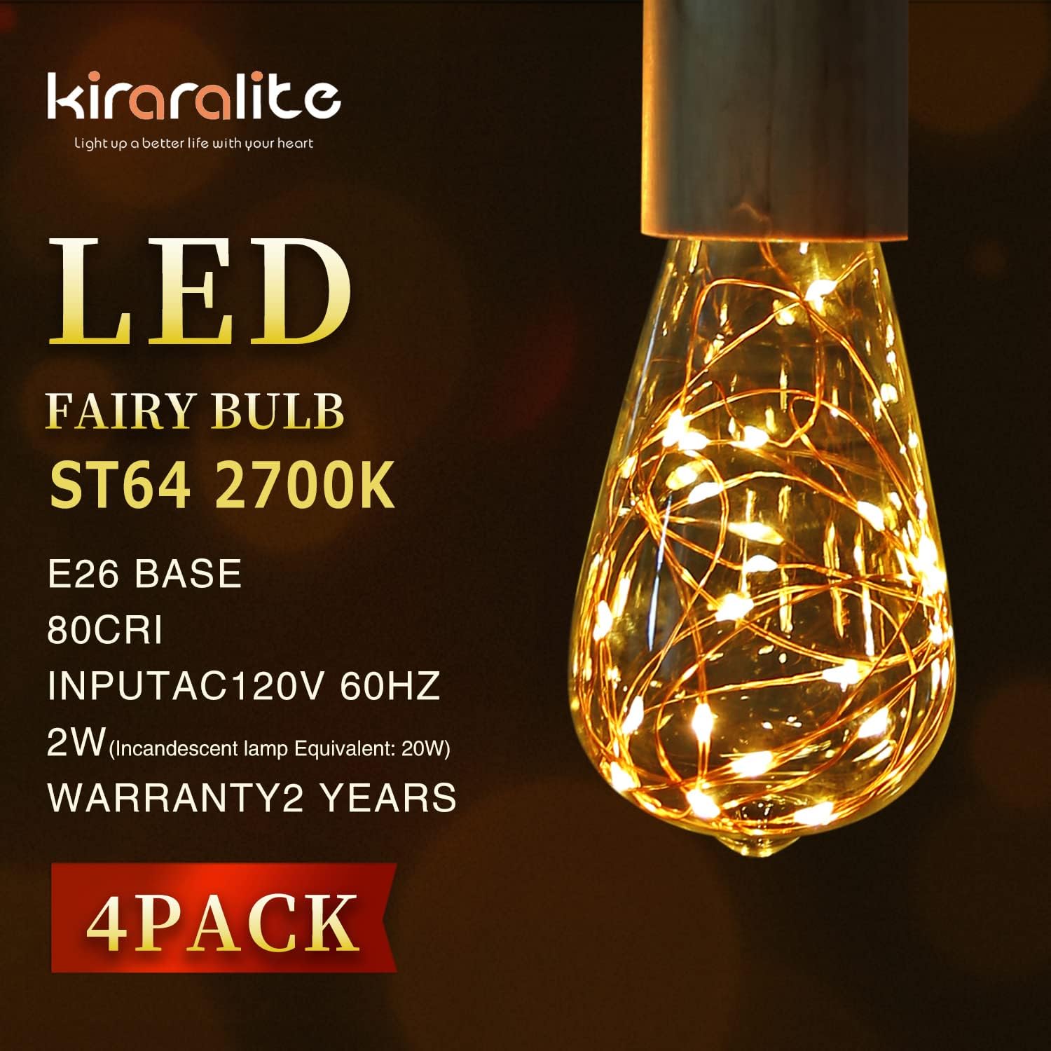 ST64 Bombilla LED decorativa de hadas, paquete de 4 bombillas de 2 W equivalentes a 20 W, blanco suave 2700 K, base E26 estrellada decorativa de
