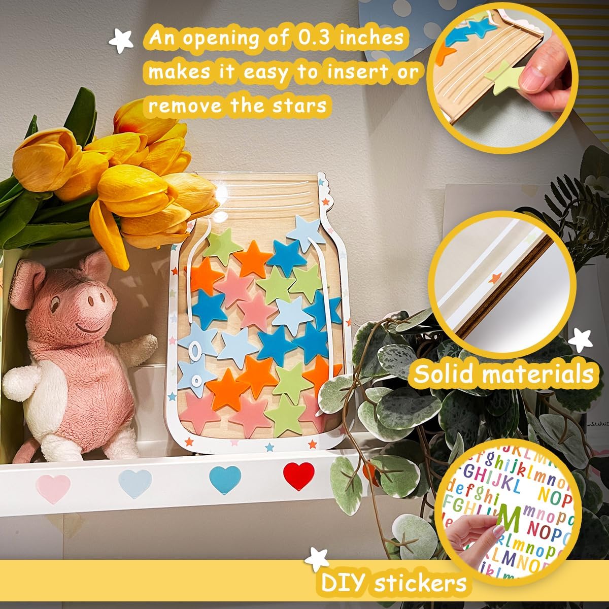 Tarro de recompensa de estrellas personalizado para niños, bricolaje, con calcomanías de letras coloridas, tarro de recompensa de entrenamiento para