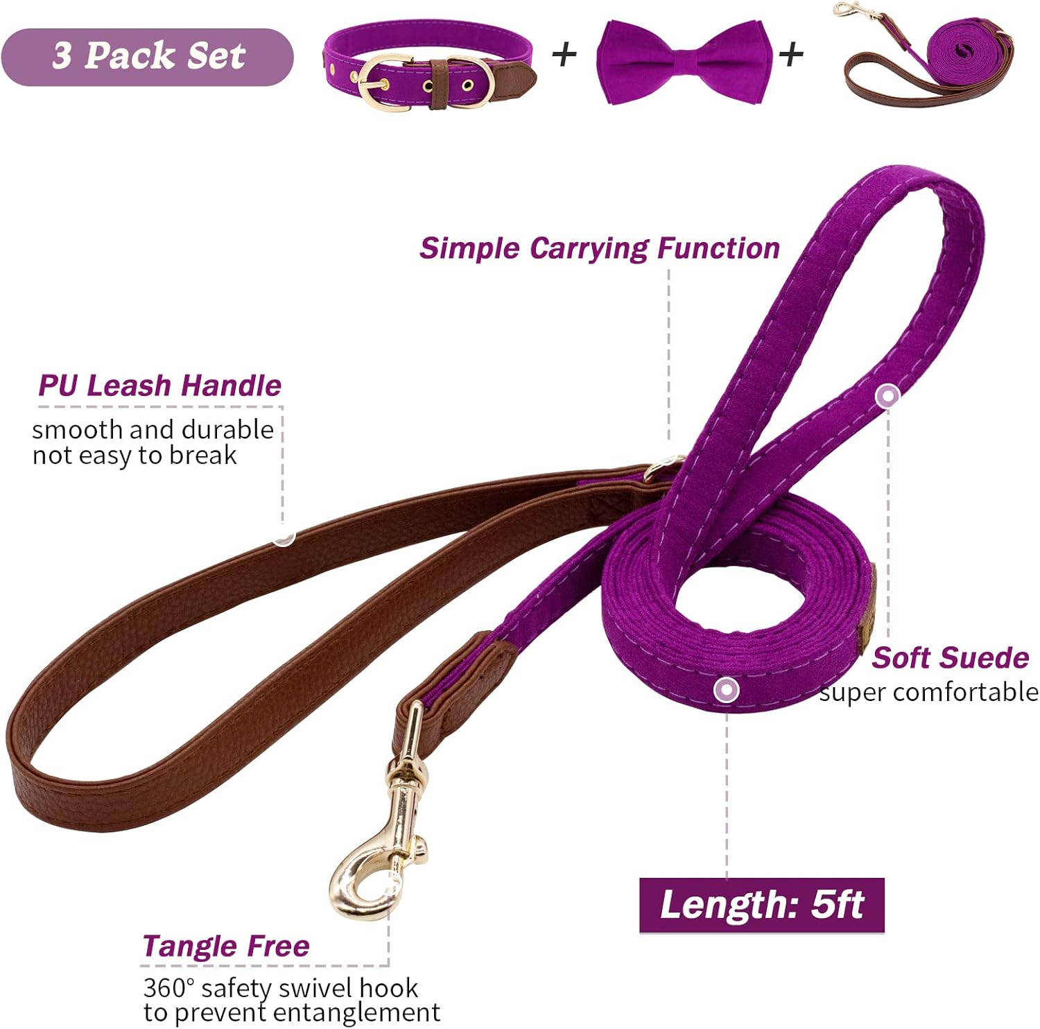 Juego de collar y Laesh para perro, collar ajustable con lazo para perro, correa y collares de cuero suave para cachorros pequeños, medianos y