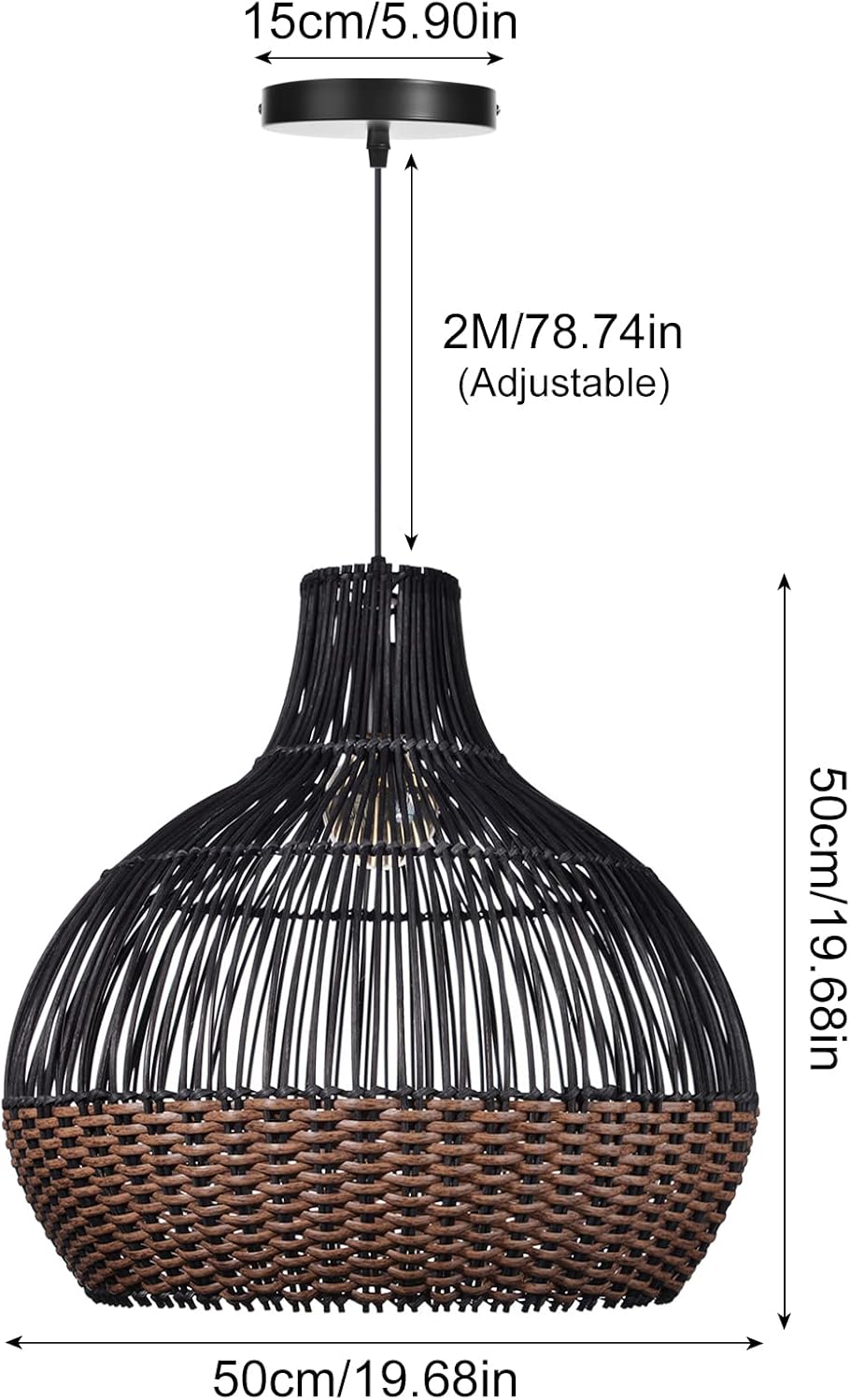 Arturesthome Luces colgantes de ratán negro, lámpara de mimbre estilo bohemio, accesorio de iluminación de cesta, lámpara colgante grande de tejido