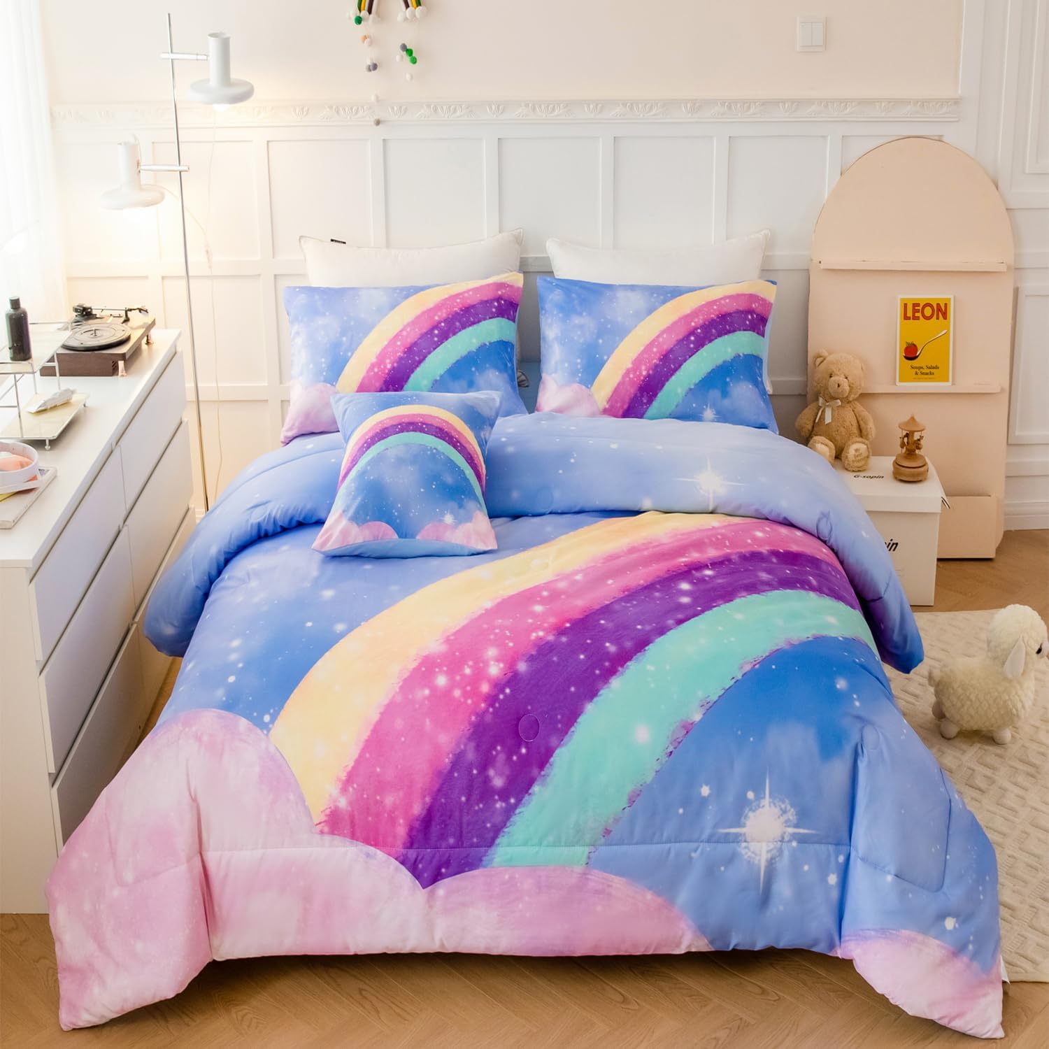 Juego de ropa de cama azul para niñas, juego de edredón de 6 piezas de arcoíris colorido para niñas, ropa de cama con purpurina degradado 3D en una