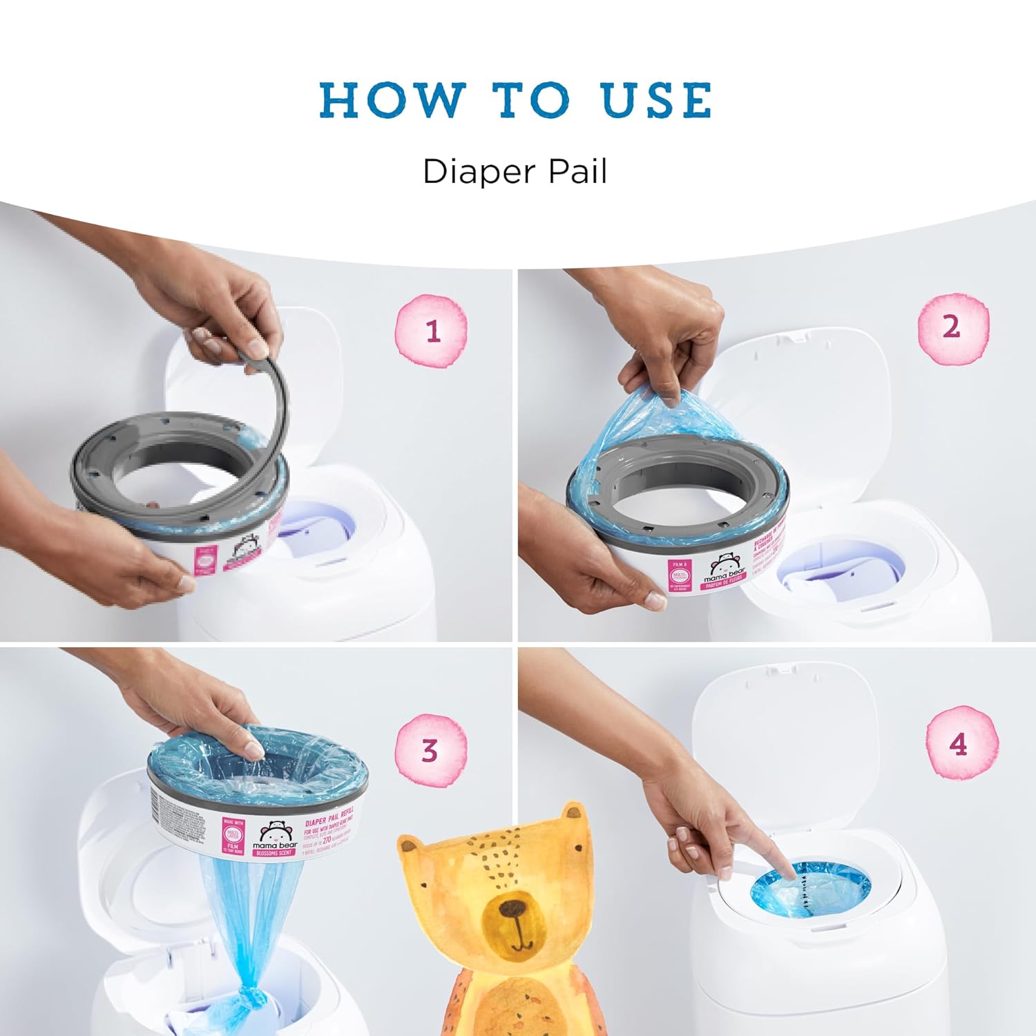 Marca Tienda  Mama Bear Blossoms – Recambios de cubo de pañales perfumados para cubos de Diaper Genie, 1080 unidades (4 paquetes de 270 unidades)