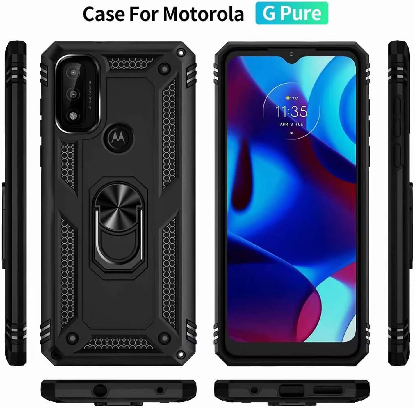 TJS Funda compatible con Motorola Moto G Pure 2021 Moto G Power 2022 con protector de pantalla de vidrio templado, anillo de metal, soporte