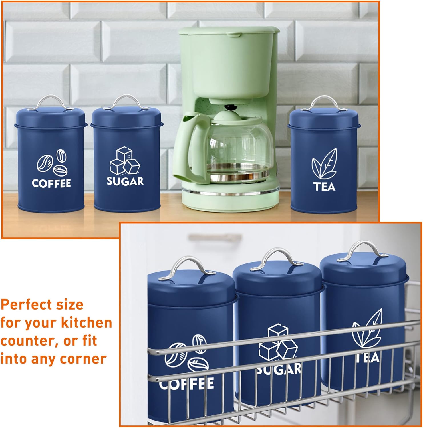 E-far Juego de recipientes para encimera de cocina, 3 piezas de metal para té, café, azúcar con tapa hermética para almacenamiento de alimentos,