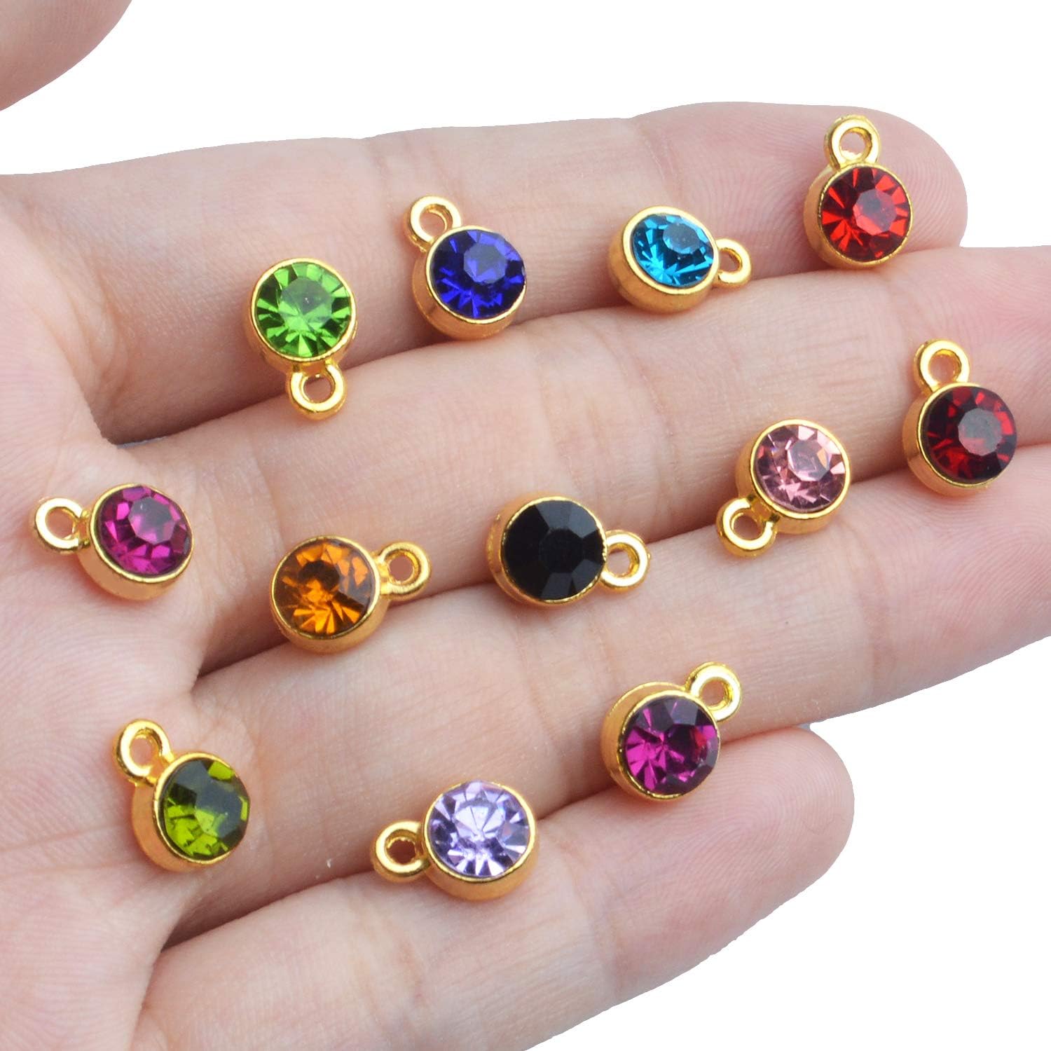 Aylifu Dijes de piedra natal de cristal, 48 piezas de dijes de piedra natal de cristal, cuentas redondas con anillos, dije de cristal hecho a mano