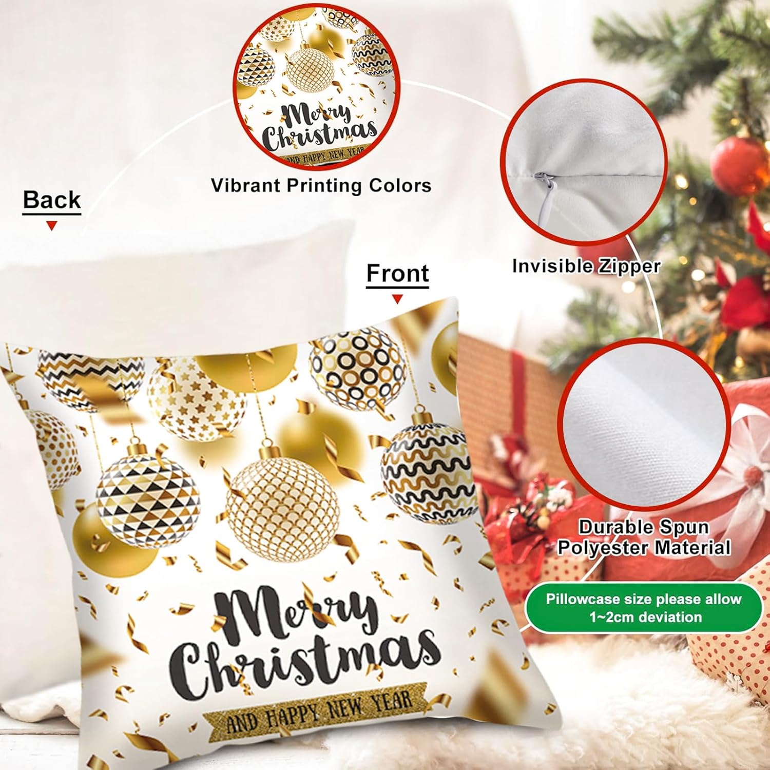 Juego de 4 fundas de almohada de Navidad de color oro blanco, 18 x 18 pulgadas, decoraciones de Navidad súper suaves, para sofá, decoración de cojín