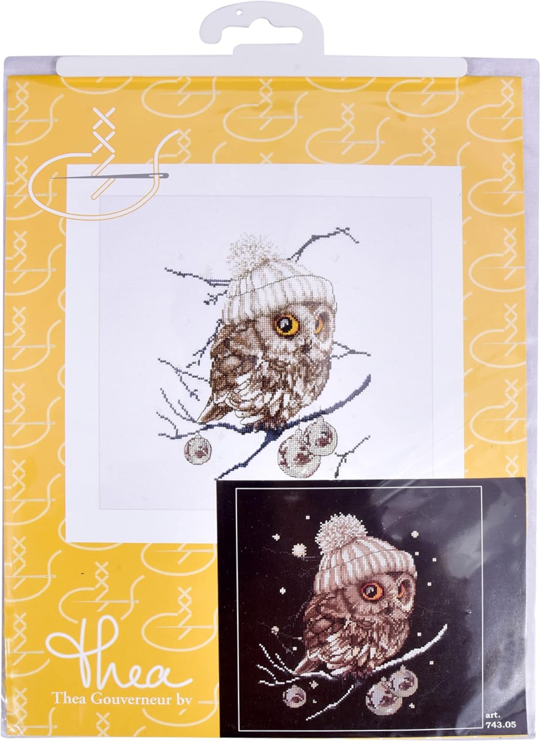 Thea Gouverneur – Kit de punto de cruz, Whoo..Whoo..It’s Winter – Aida Black – 16 unidades – Kit de bordado para adultos – Hilos de bordado DMC y