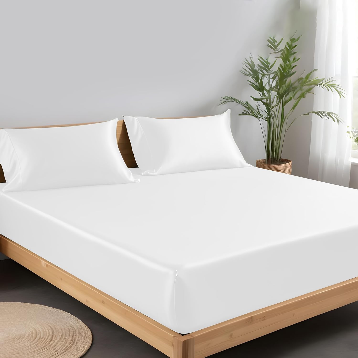 Linenwalas – Sábana bajera blanca, de bambú, de tamaño King, con bolsillos profundos, sábana bajera natural, suave, transpirable y fácil de cuidar