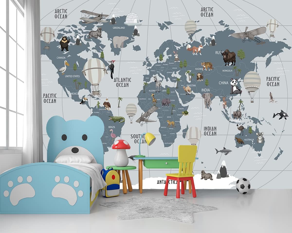 Picture Sensations Mural de pared con textura de lienzo, mapa del mundo con papel tapiz de animales, arte de pared para guardería, papel tapiz para
