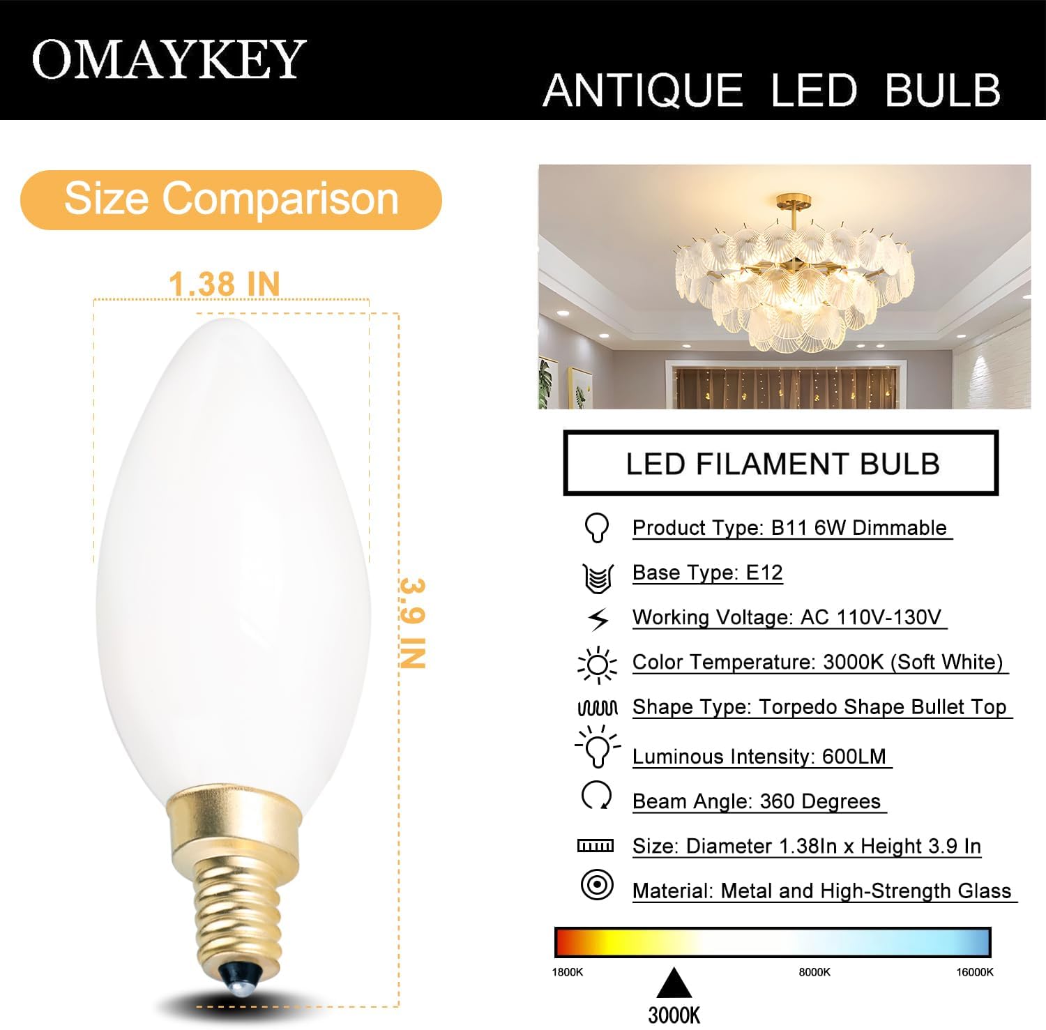OMAYKEY Bombillas LED regulables de 6 W, equivalente a 60 W, 600 lúmenes, base de candelabro E12 blanco suave de 3000 K, estilo Edison vintage