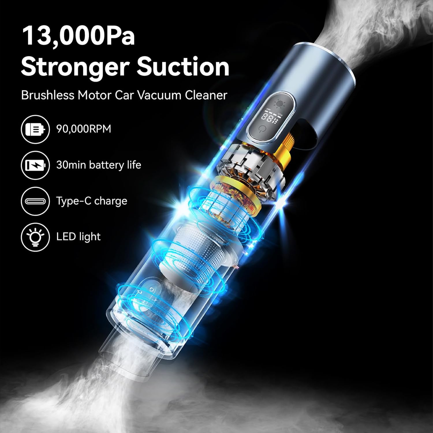 Aspirador de coche de alta potencia, aspiradora portátil inalámbrica 3 en 1, potente aspiradora de mano inalámbrica de 13000 PA con luz LED,