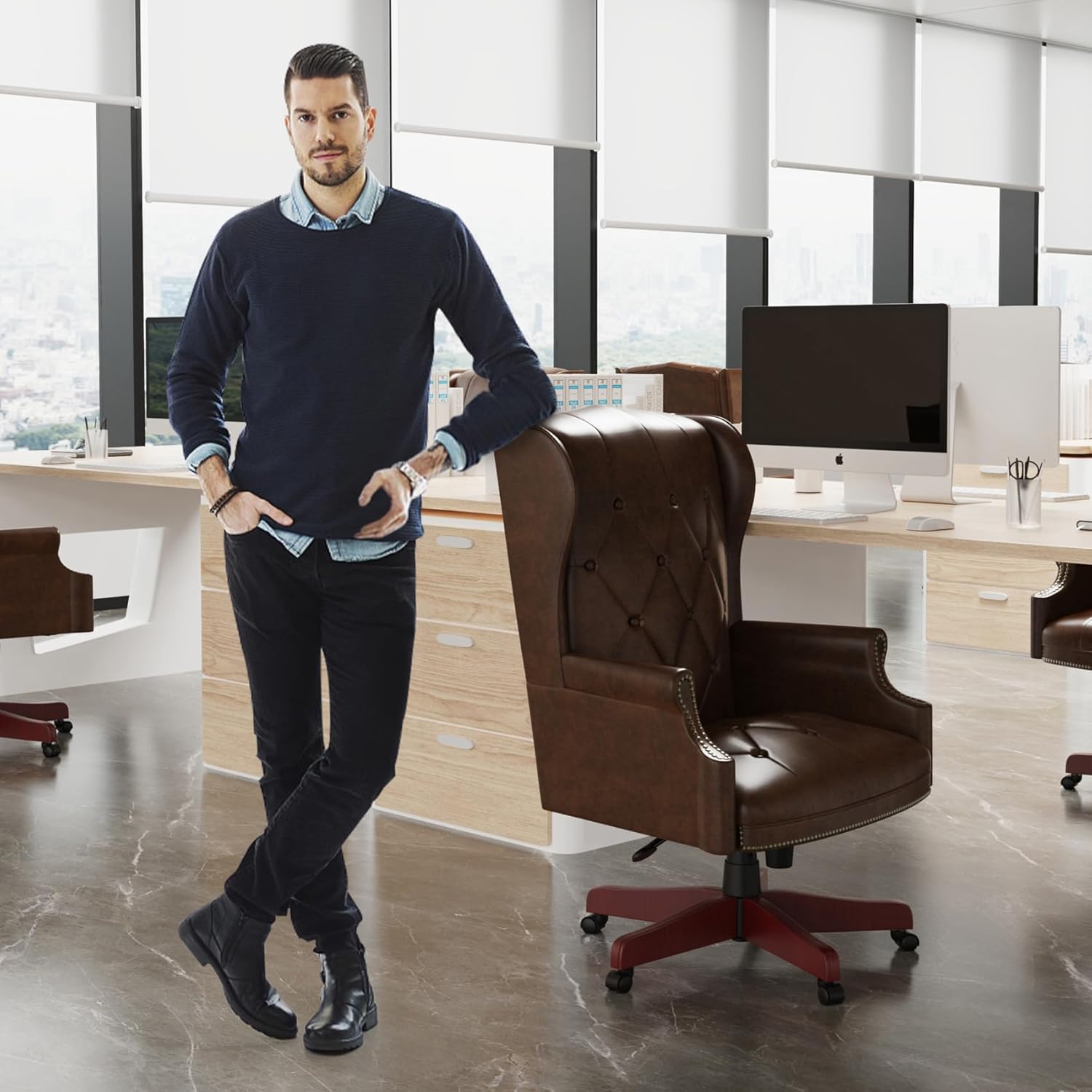 Silla de oficina ejecutiva de cuero con respaldo alto, 330 libras, diseño ergonómico, asiento y respaldo acolchados gruesos, con botones,