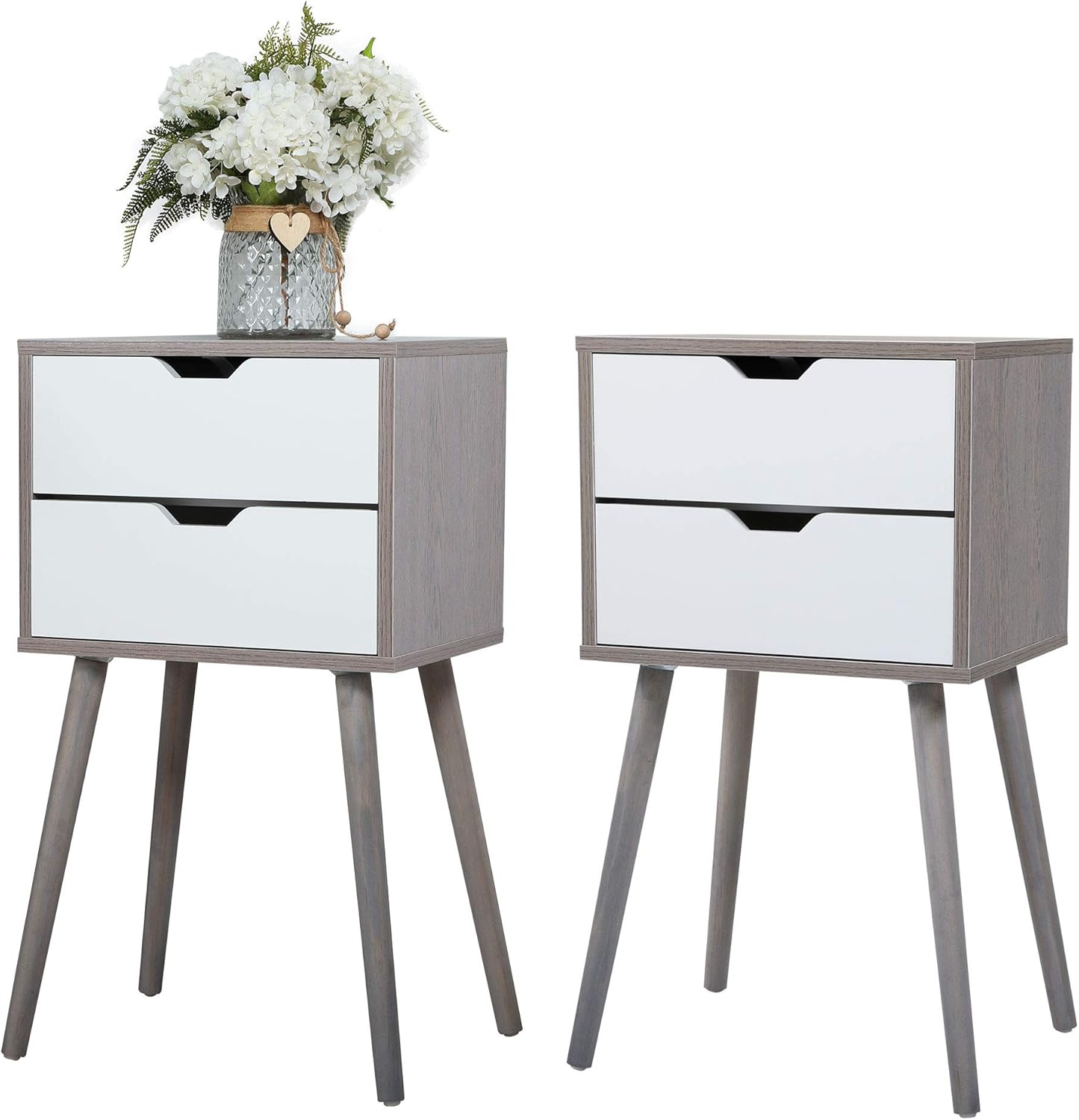 Juego de 2 mesitas de noche con cajón de almacenamiento, patas de madera maciza, mesa auxiliar moderna, mesita de noche, muebles de mediados de