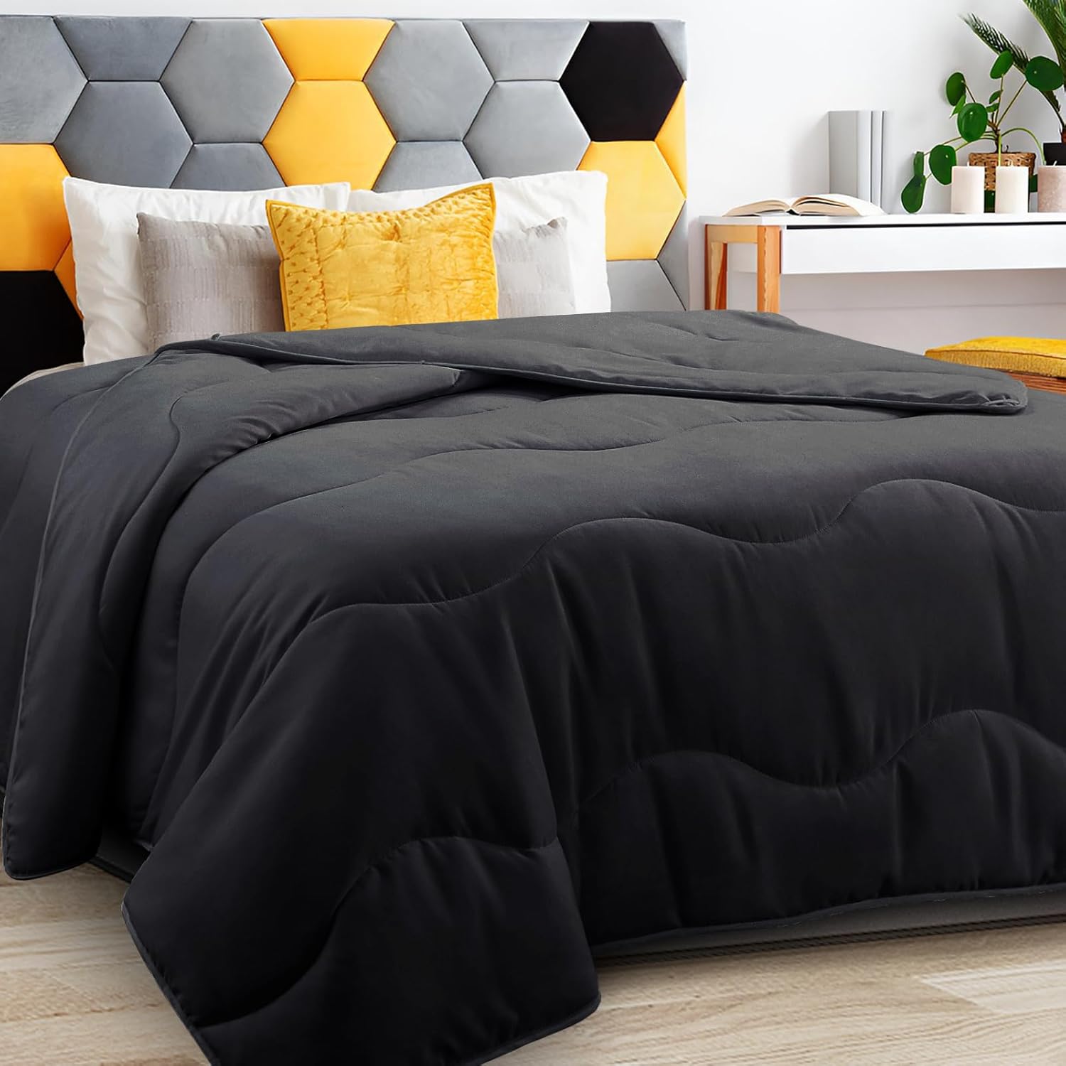Edredón ligero negro refrescante, relleno de edredón para todas las estaciones, transpirable tamaño Queen, ropa de cama de verano de microfibra
