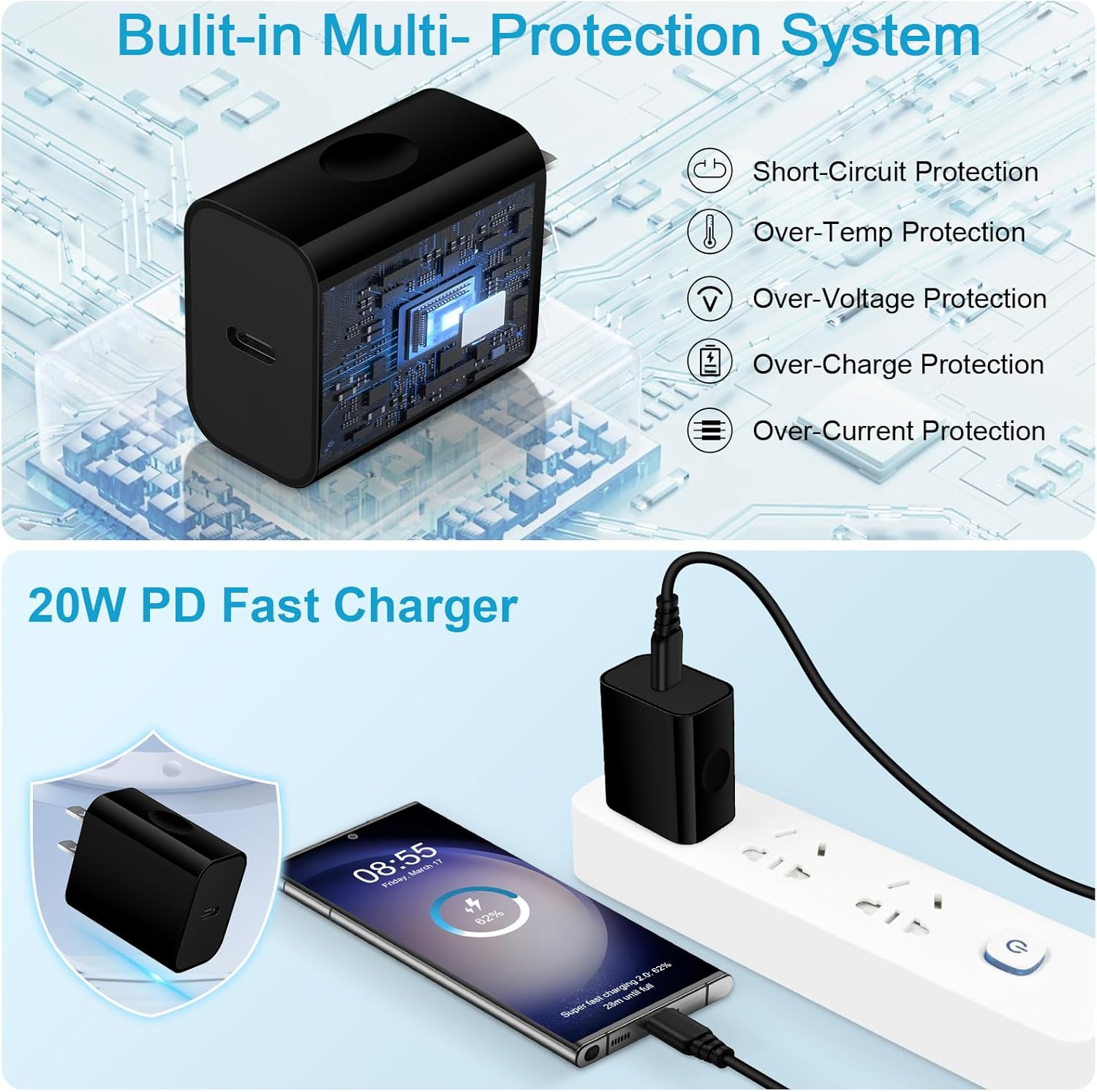 Cargador de teléfono Samsung de 20 W tipo C de carga rápida para Samsung Galaxy A54 5G, A14, S24, S23 Ultra, S22, S21 S20, paquete de 2 cargadores