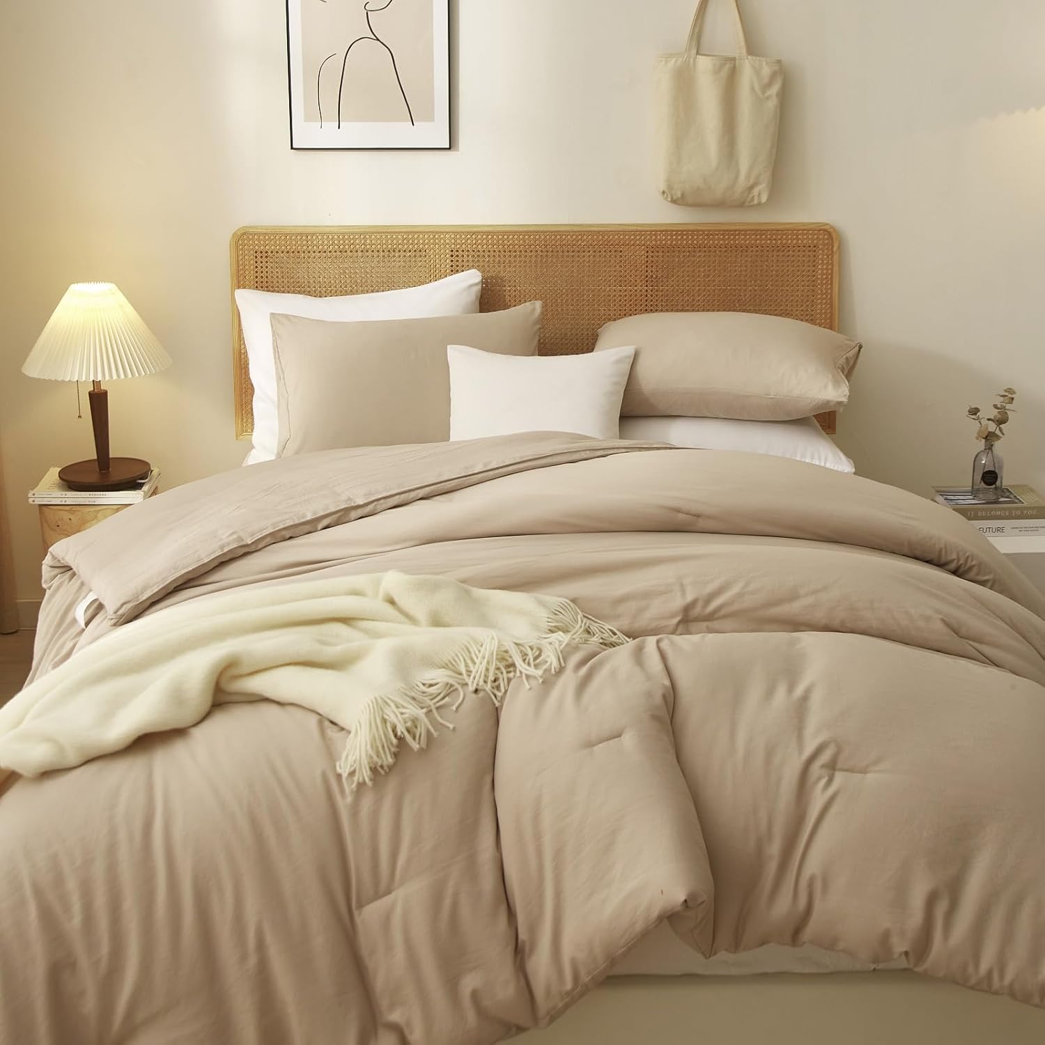 AMWAN Juego de edredón de color caqui, tamaño Queen, juego de ropa de cama y colecciones de 3 piezas, color caqui, para todas las estaciones, juego
