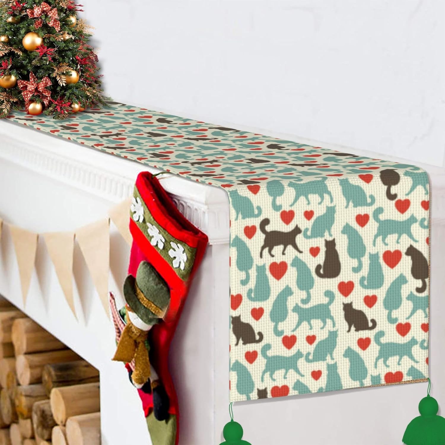 Camino de mesa de Navidad de gatitos marrones, verdes y corazón rojo, decoración de mesa de comedor, decoración de Navidad, decoración de interiores