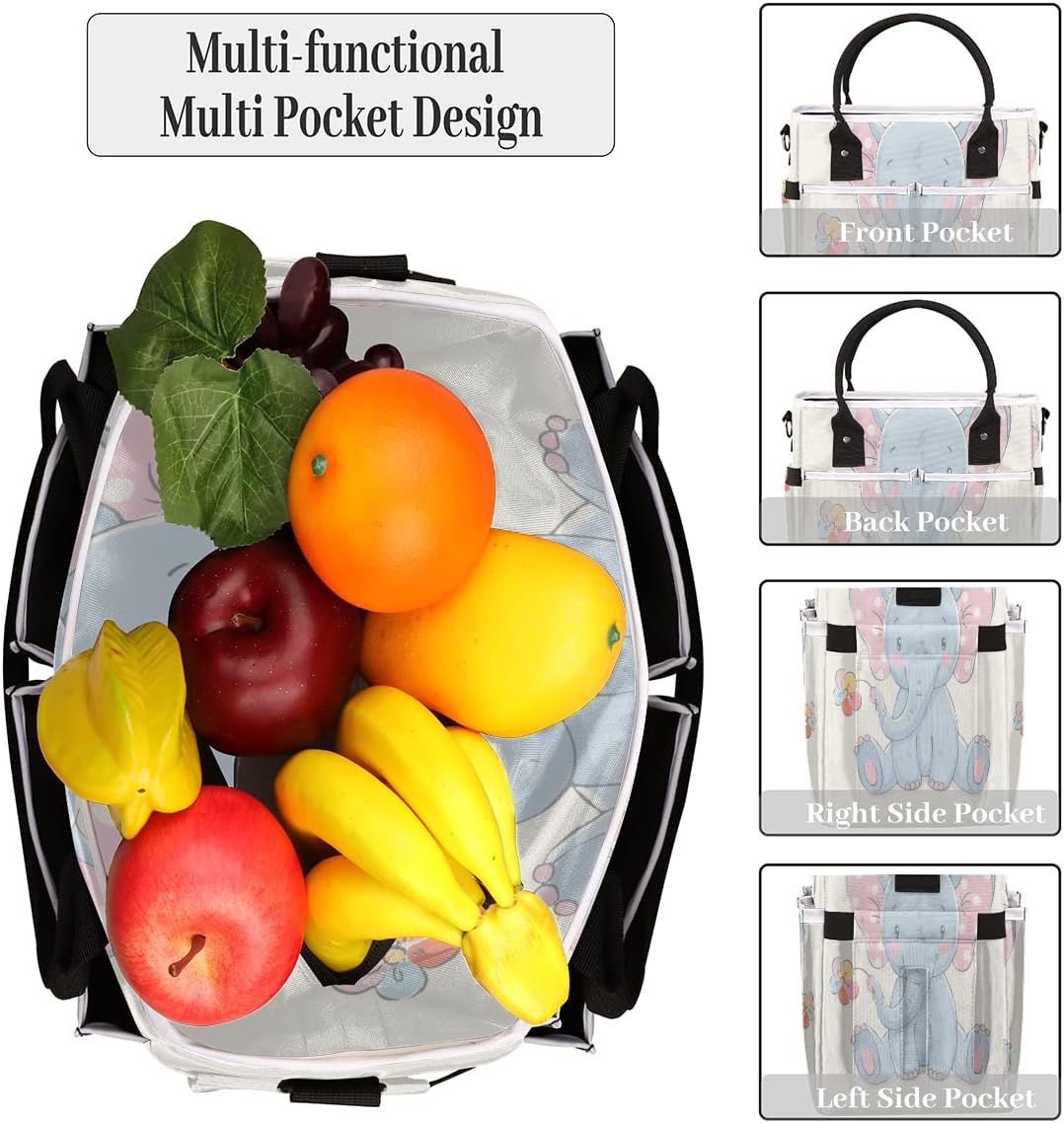Linda bolsa de almuerzo con diseño de flores de elefante para mujer, bolsa de almuerzo aislada con bolsillos para correa para el hombro, para