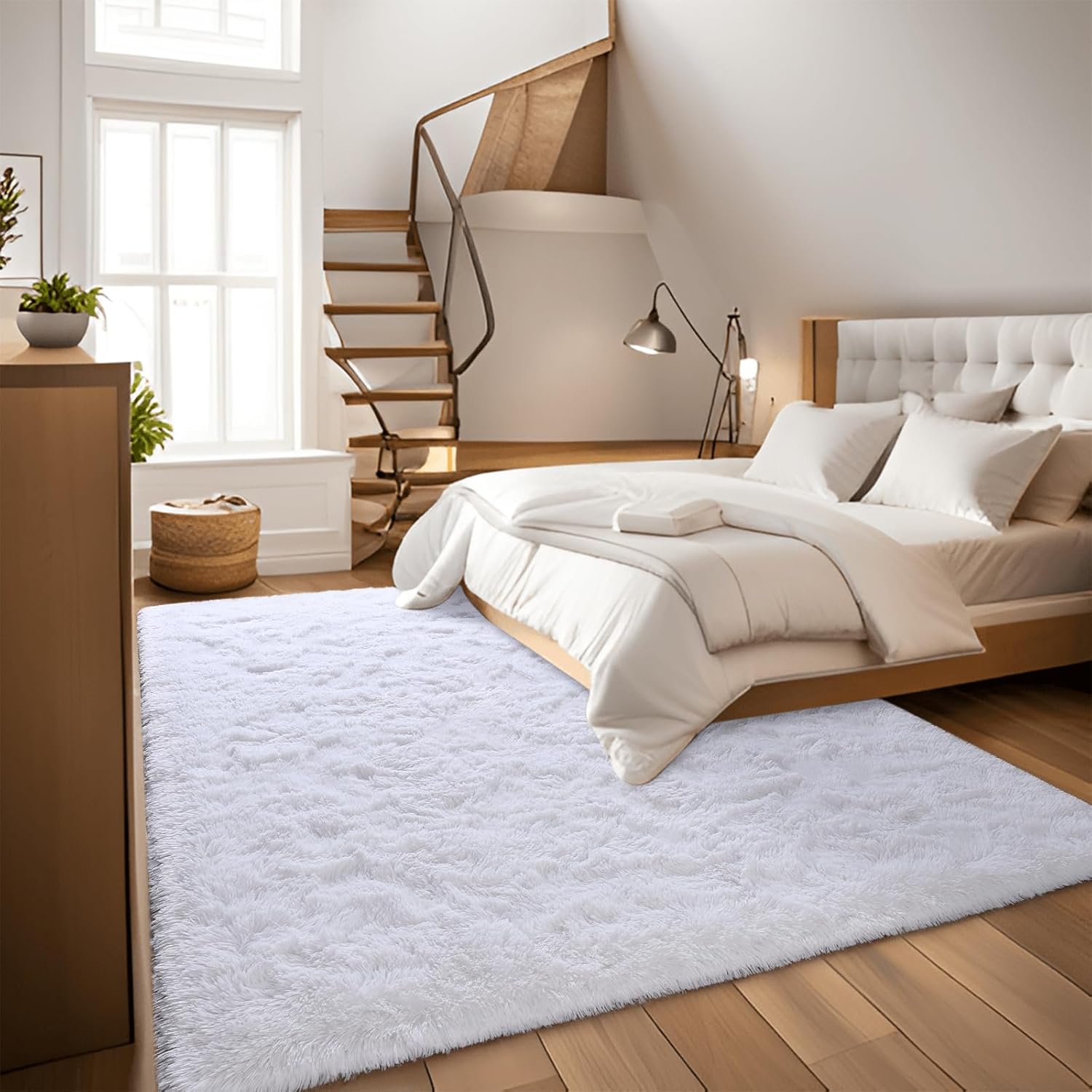 DweIke – Alfombra mullida y esponjosa de felpa blanca de 8 x 10 pies, para sala de estar, dormitorio, alfombras suaves para habitación de niños y