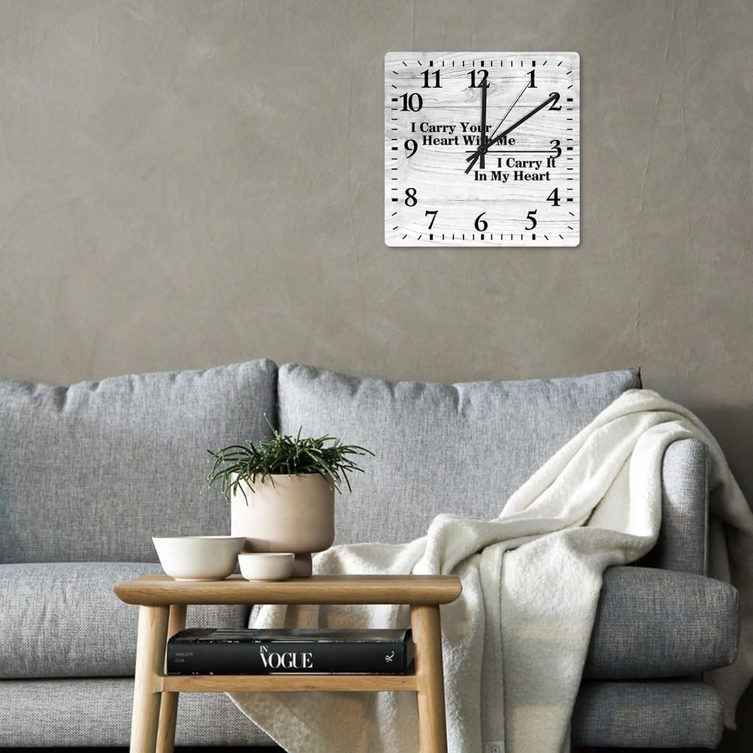 Reloj de pared cuadrado con texto en inglés I Carry Your Heart with Me I Carry It in My Heart, reloj de pared grande con citas, funciona con pilas,